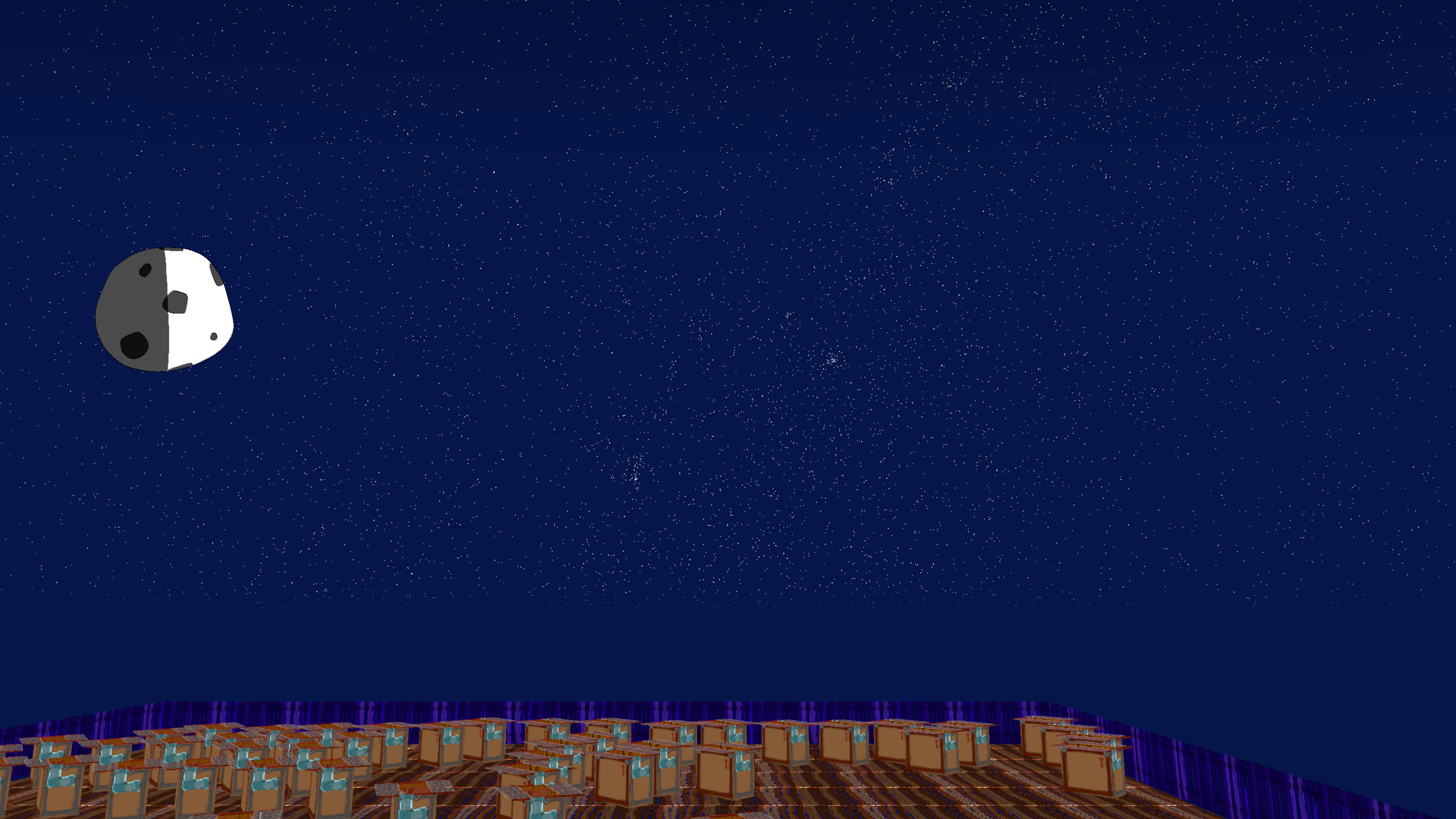 Low Crookwood camera beneath a dense Northern Hemisphere star field with Brett's authored Moon over the graveyard.