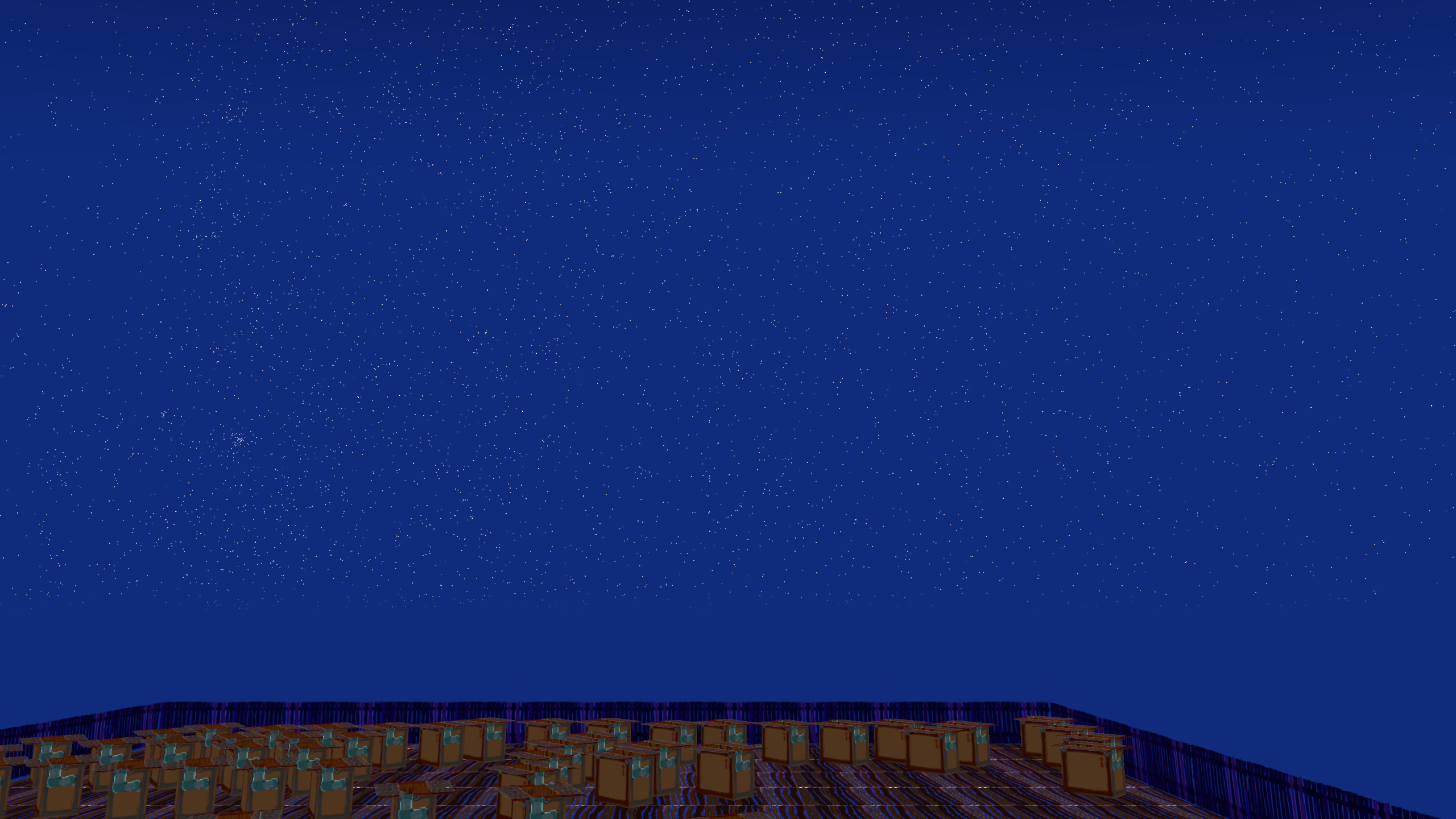 Deep night above the comic Crookwood yard with a dense field of tiny measured stars.