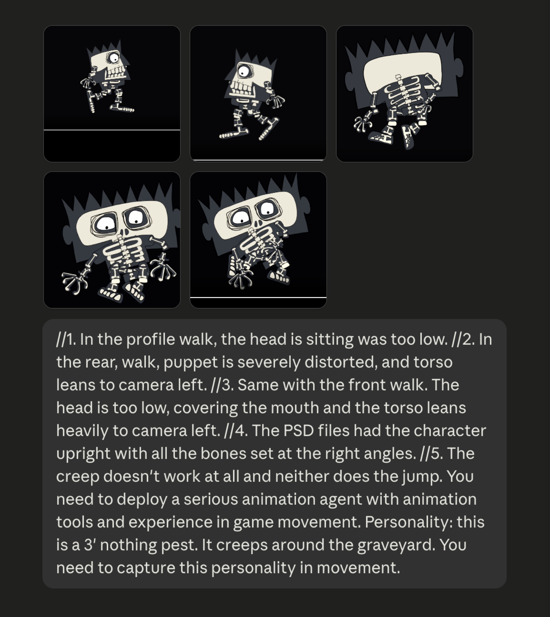 A development plate showing five stiff Villain movement tests alongside Brett's written direction to AI.