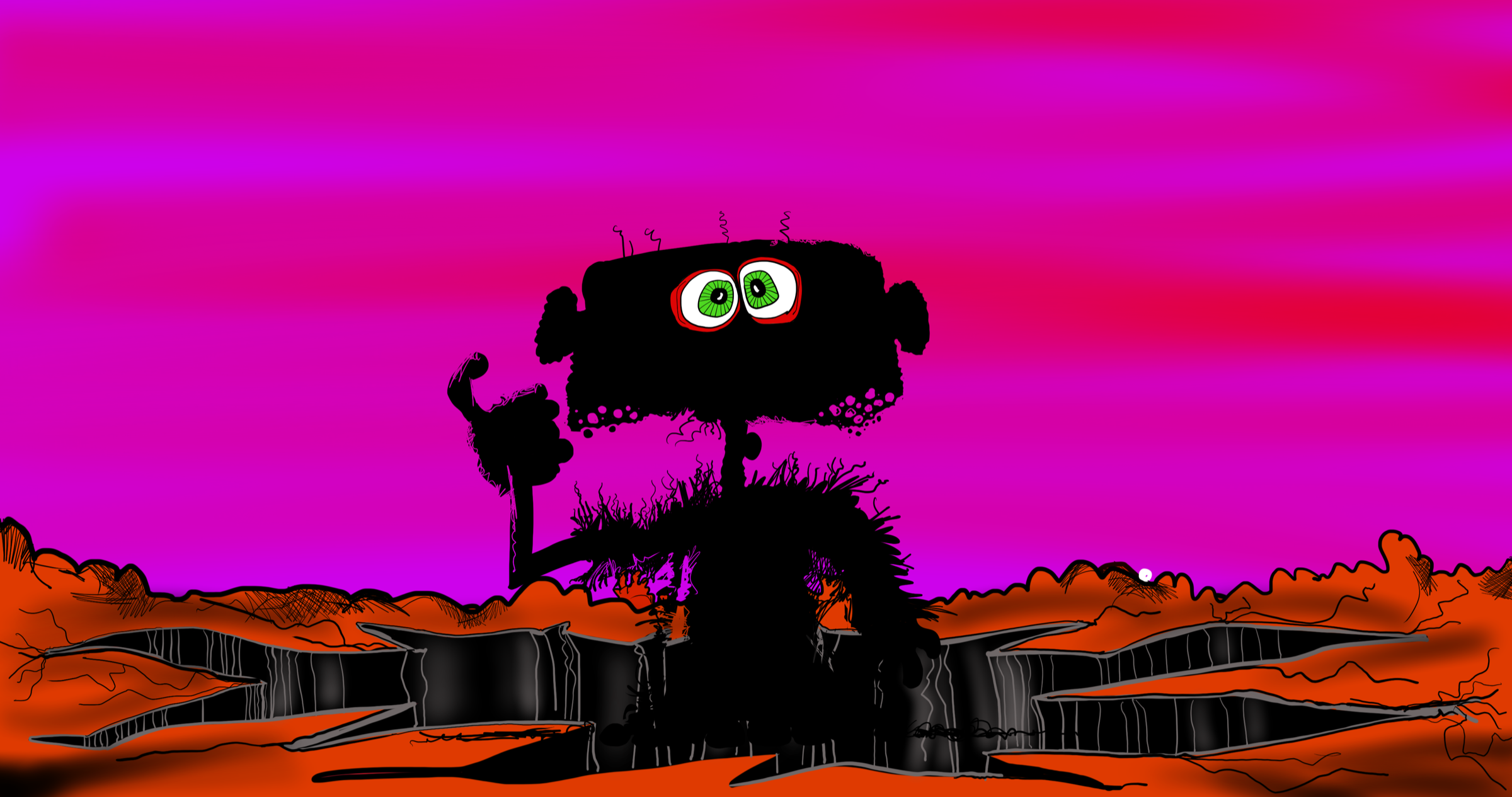 An early black silhouette drawing of the Villain against a magenta background.