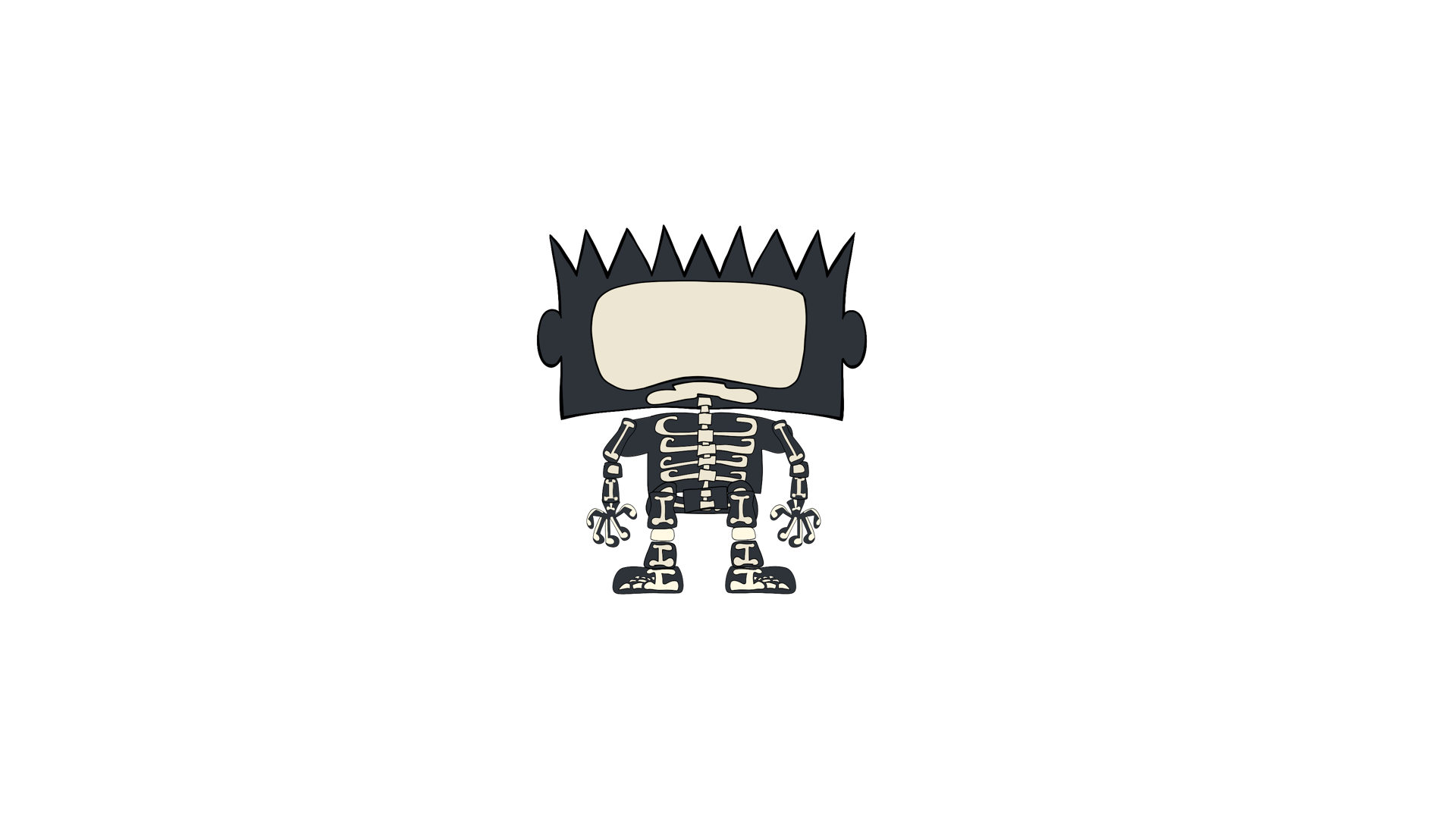 Rear view of the Villain's skeleton suit puppet.