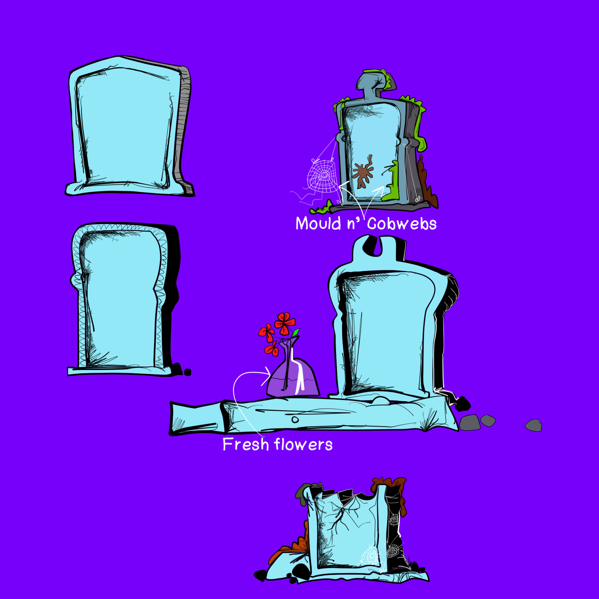 Blue headstones, authored Carny Island artwork