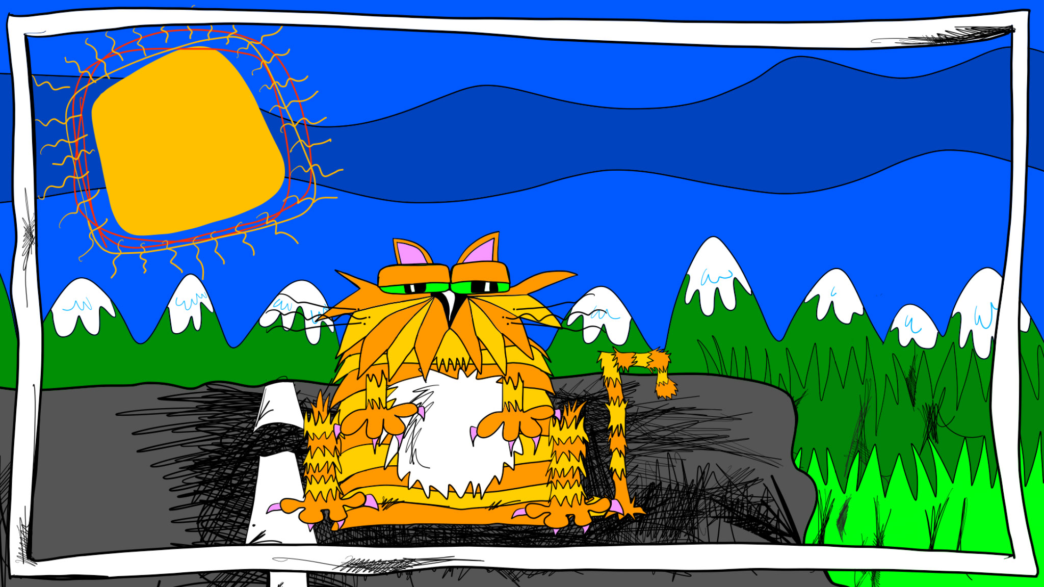 Cat. Front on. Master base drawing copy, authored Carny Island artwork