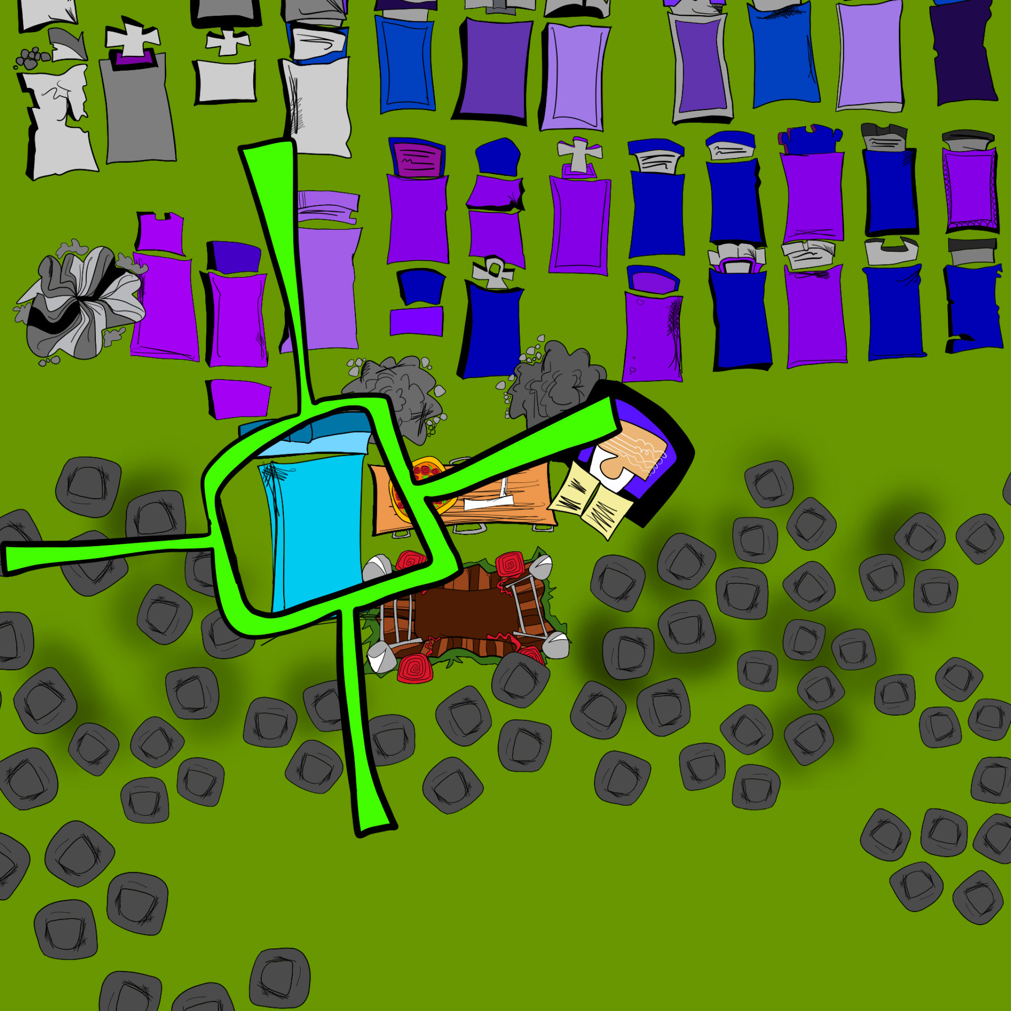 Cemetery. Mid shot. Blue stones being tracked copy, authored Carny Island artwork