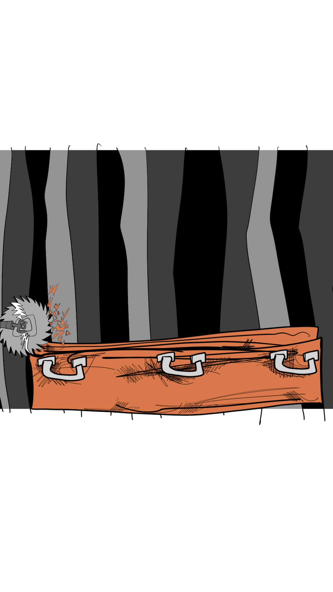 Chain saw on coffin, authored Carny Island artwork