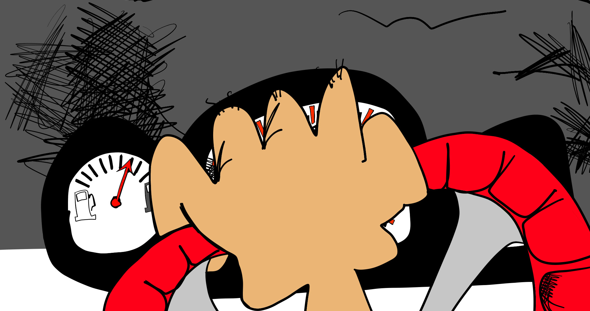 Close up on steering wheel copy, authored Carny Island artwork