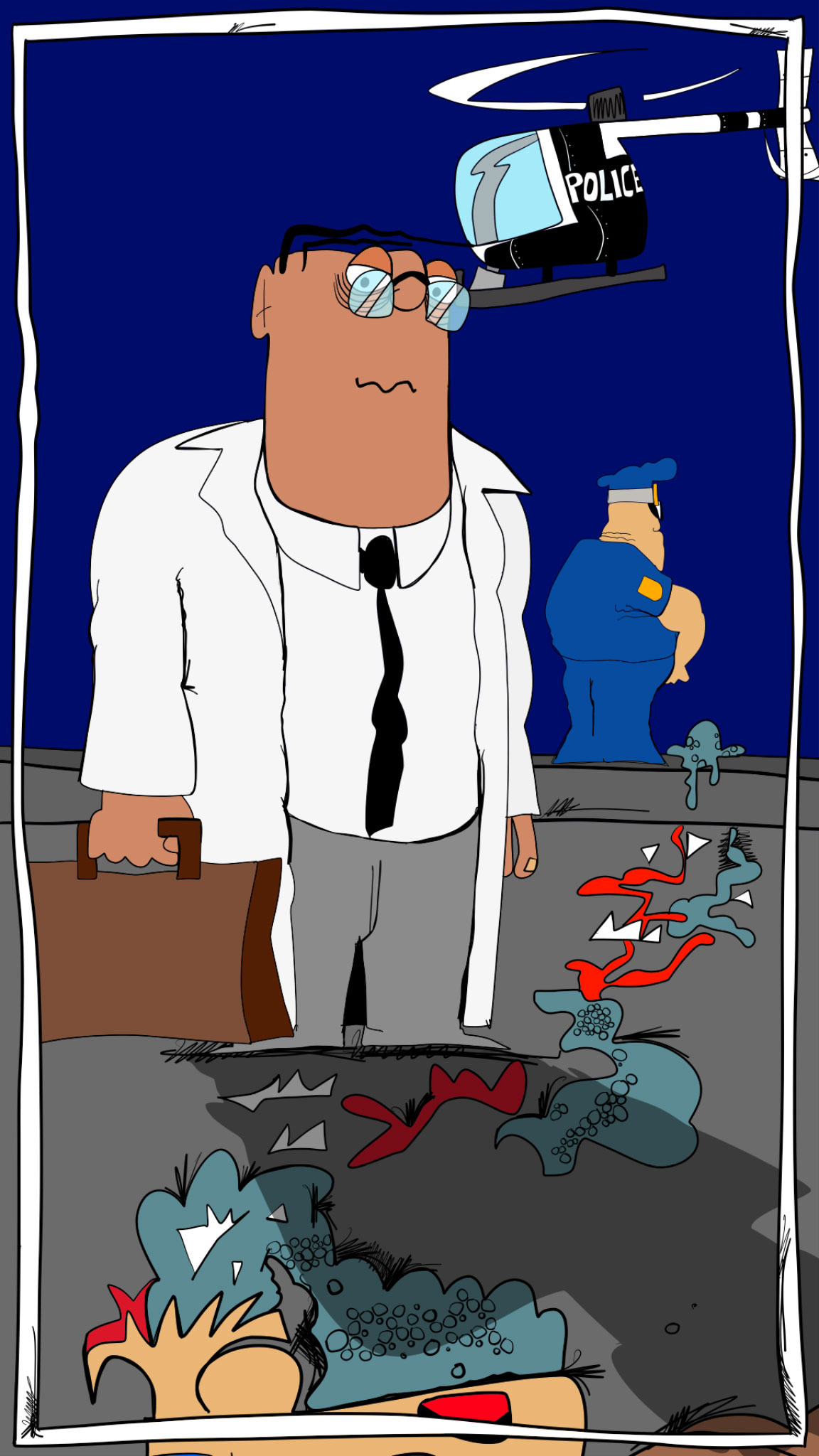 Coroner. Wide shot, authored Carny Island artwork