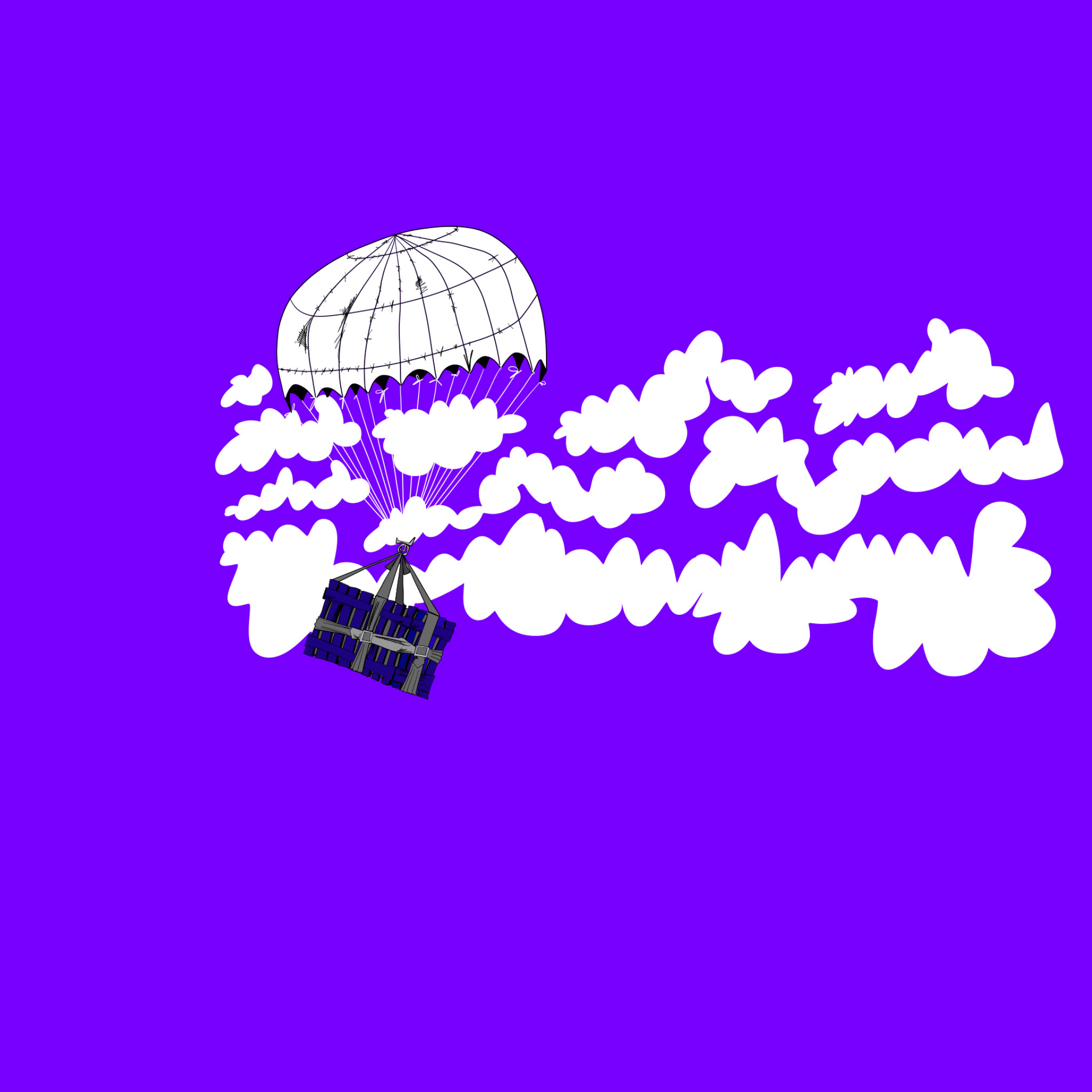 Crate being parachuted in, authored Carny Island artwork