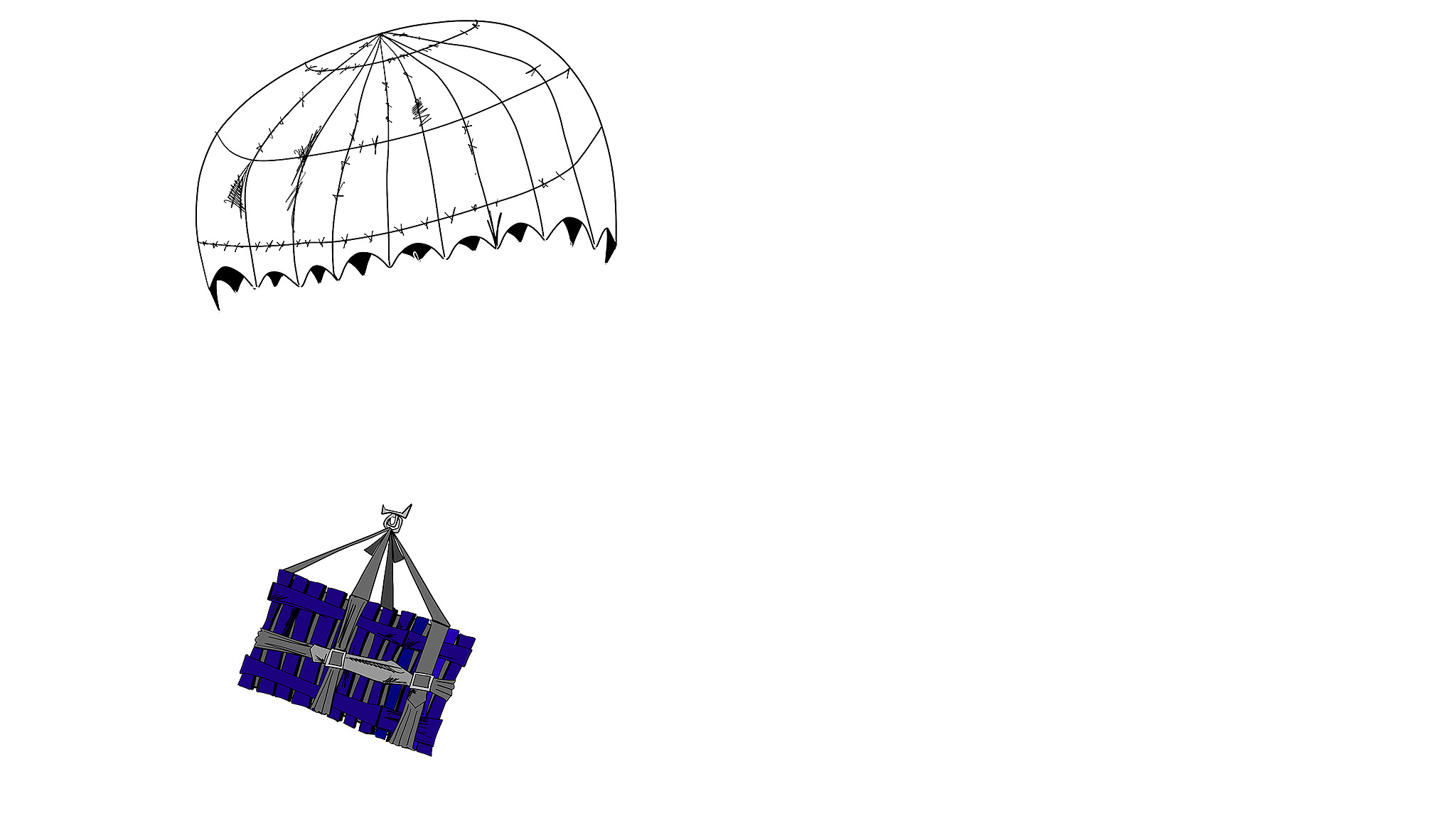 Crate being parachuted in copy, authored Carny Island artwork