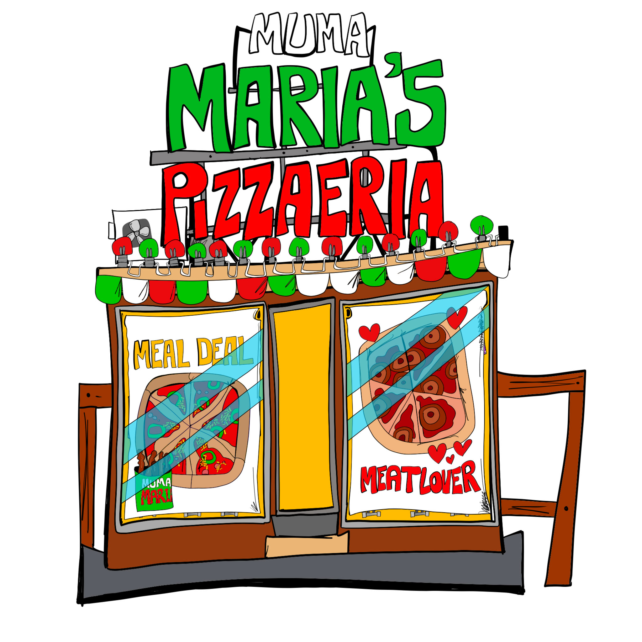 Crematorium and pizzeria, authored Carny Island artwork