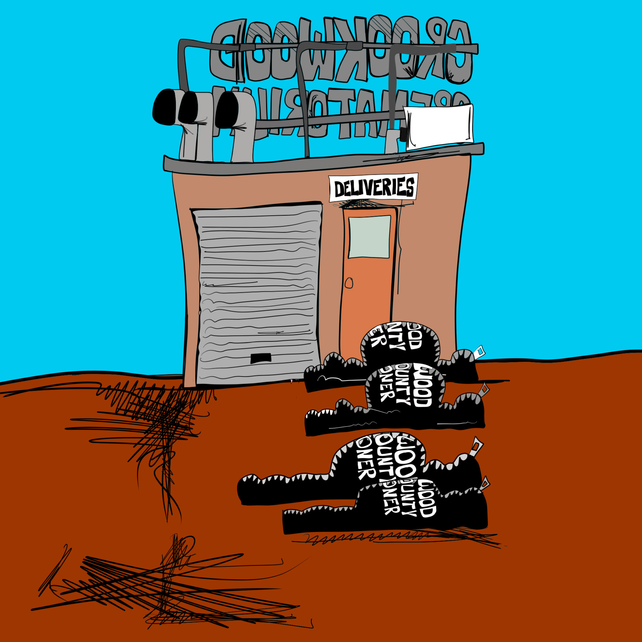Crematorium. Rear, authored Carny Island artwork