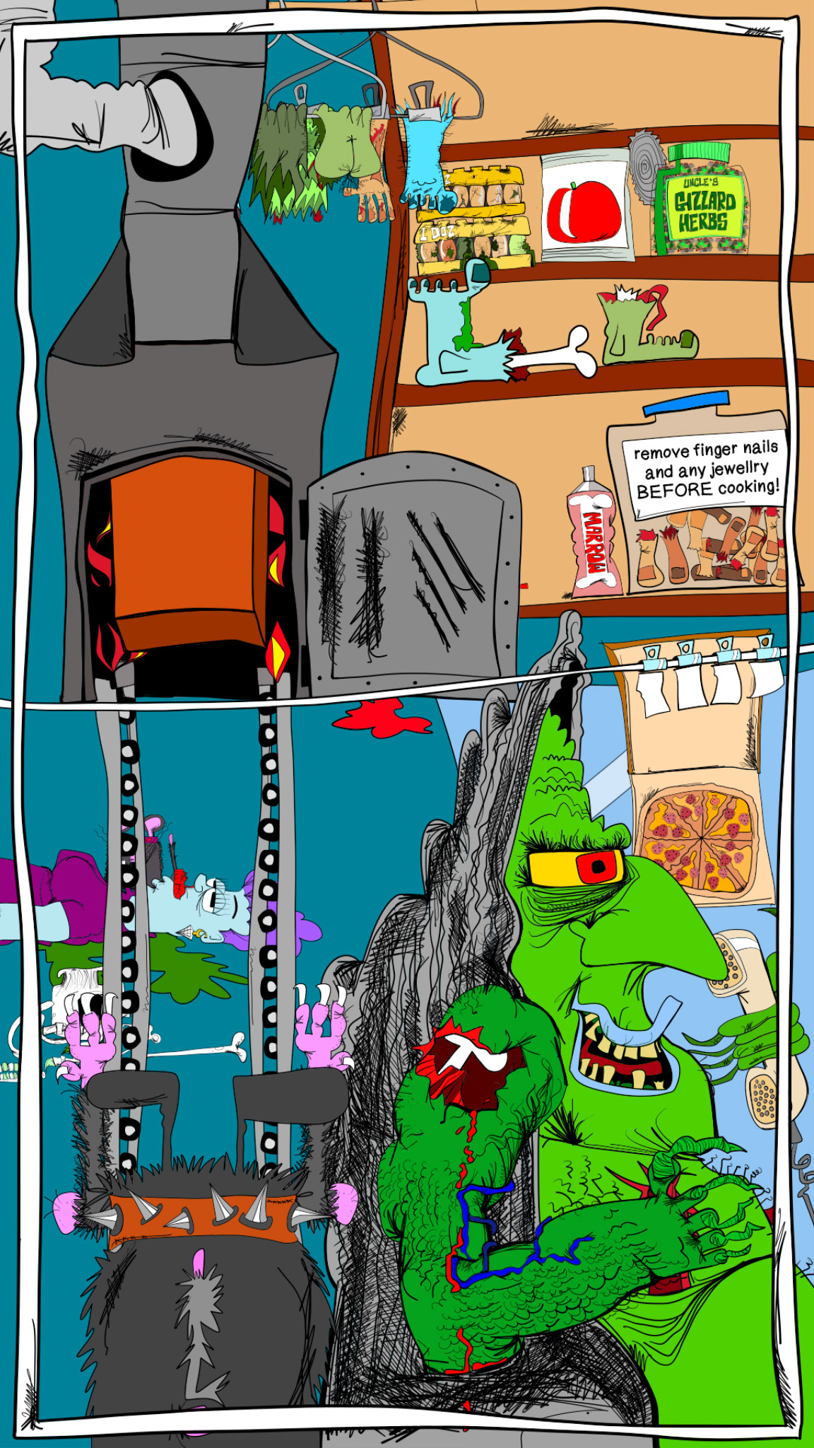 Crematorium. Wide shot conflict, authored Carny Island artwork