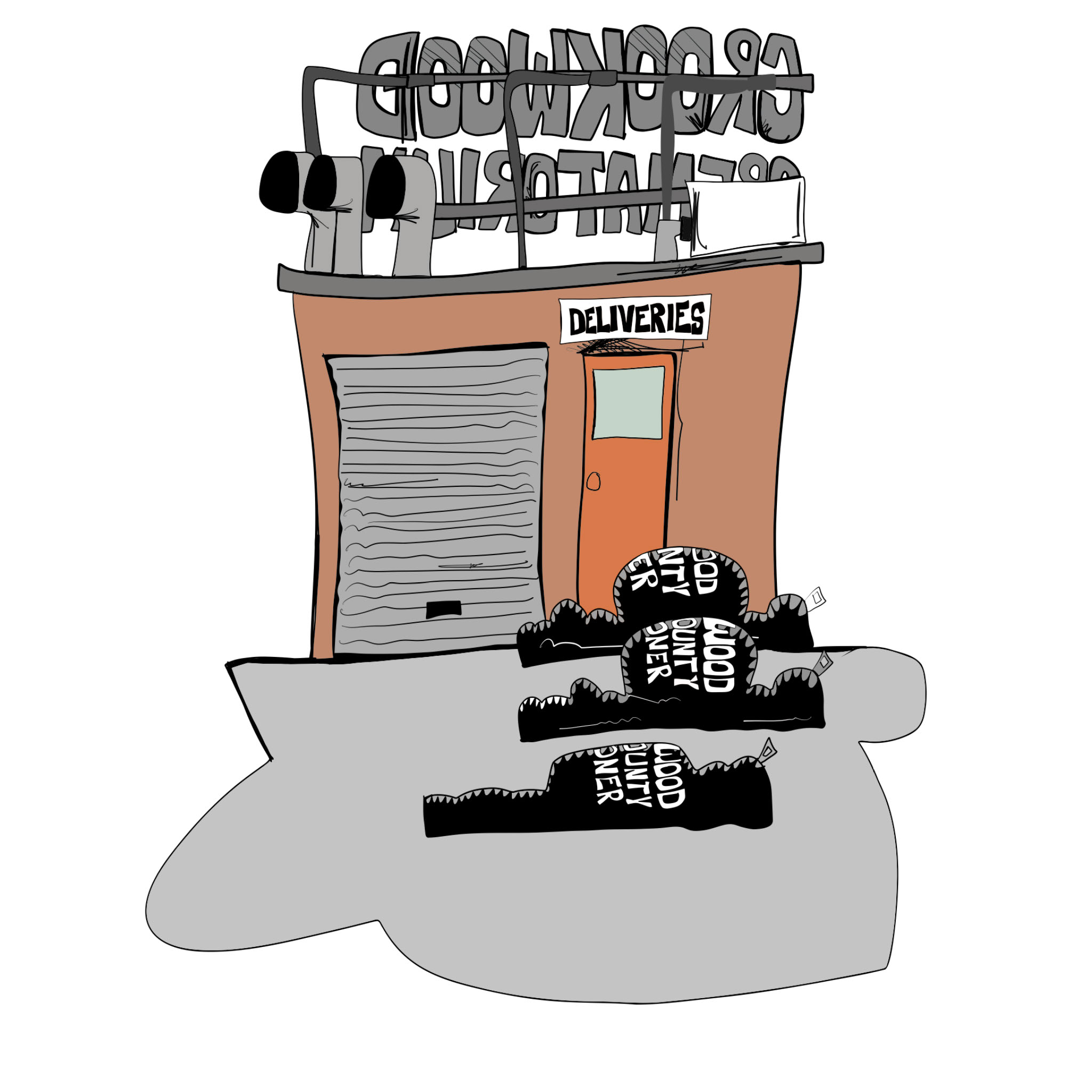 Crematoriumpizza shop. Rear, authored Carny Island artwork