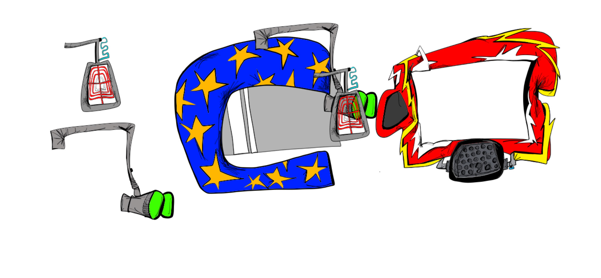 Custom helmets, authored Carny Island artwork