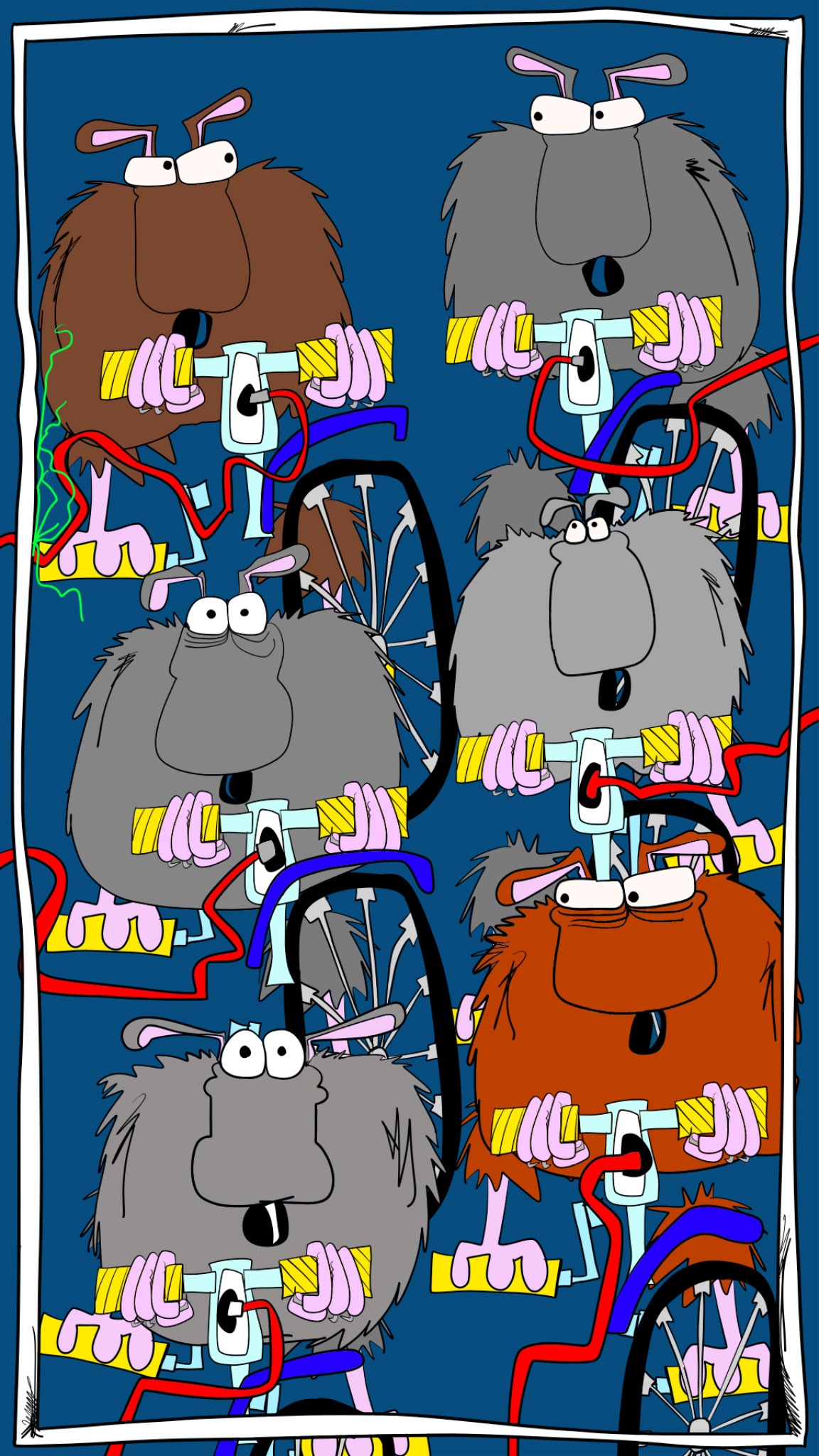 Dogs on bikes, authored Carny Island artwork