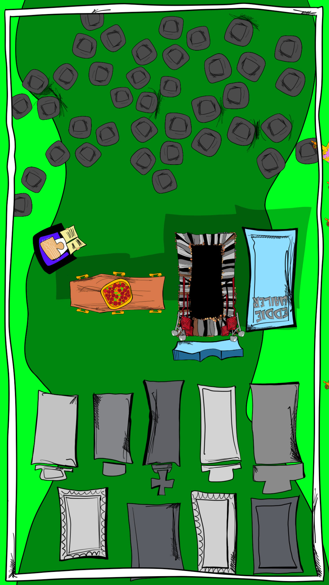 Eddie s funeral. Overhead, authored Carny Island artwork