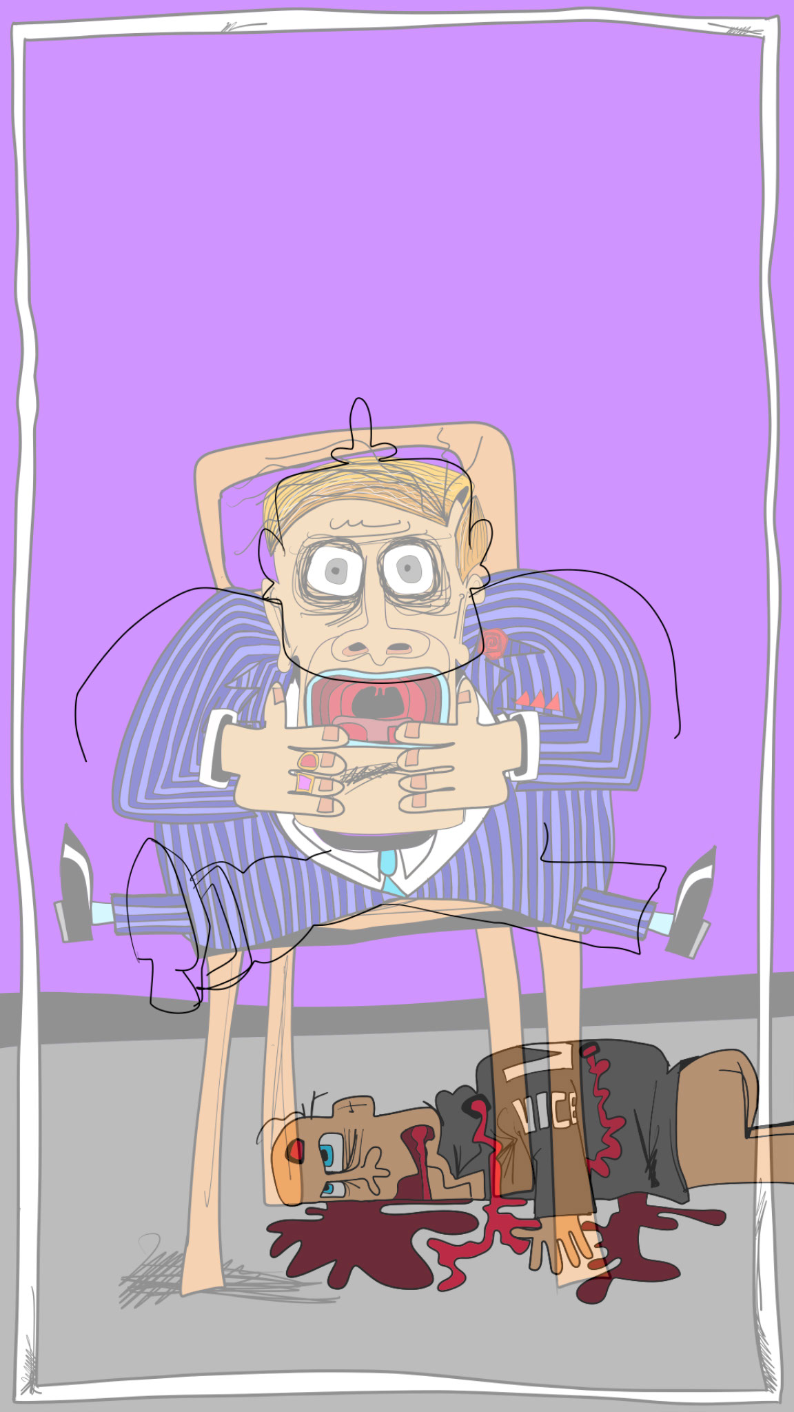 Falls backwards in chair, authored Carny Island artwork