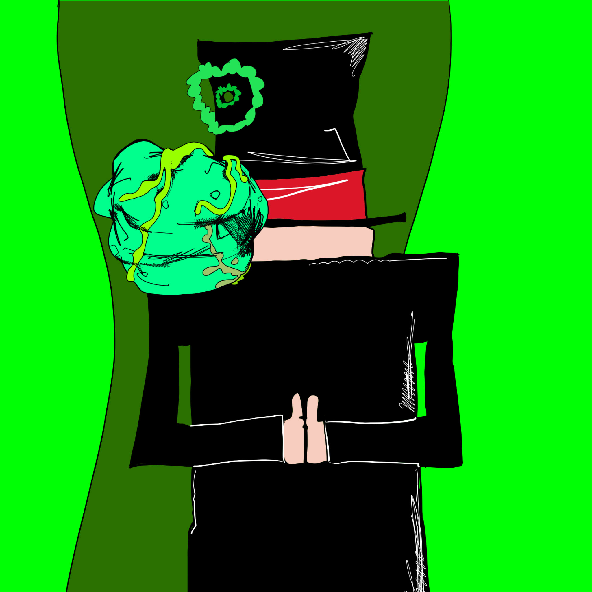Mourner being pea gunned, authored Carny Island artwork