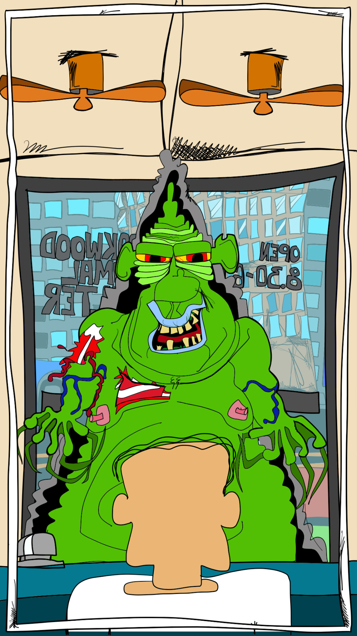 Shrift at counter, authored Carny Island artwork