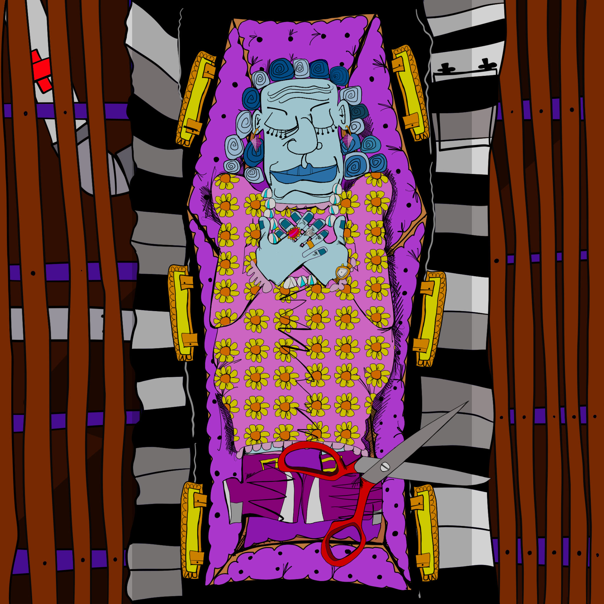 Standard coffin and body, authored Carny Island artwork