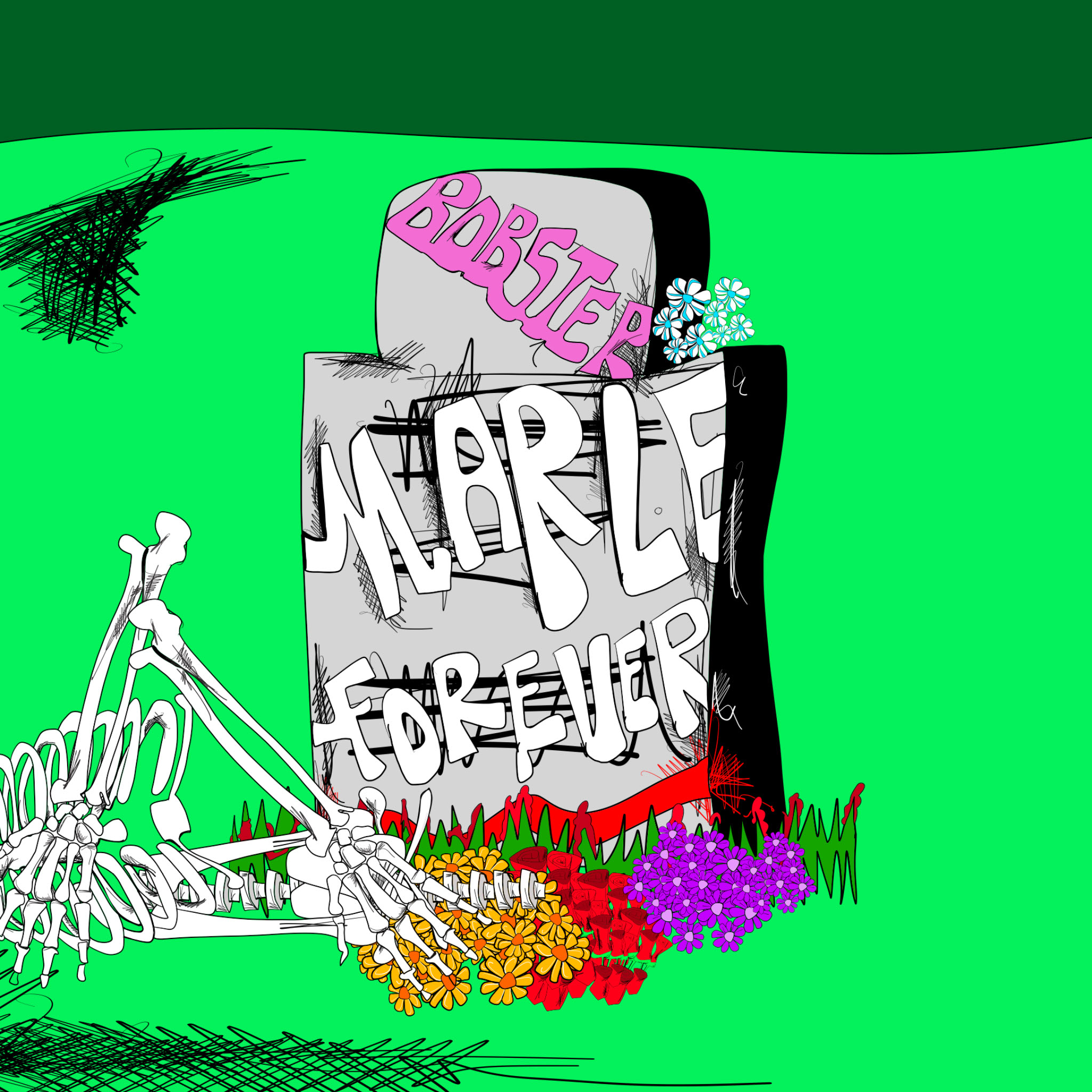Vandalised headstone, authored Carny Island artwork