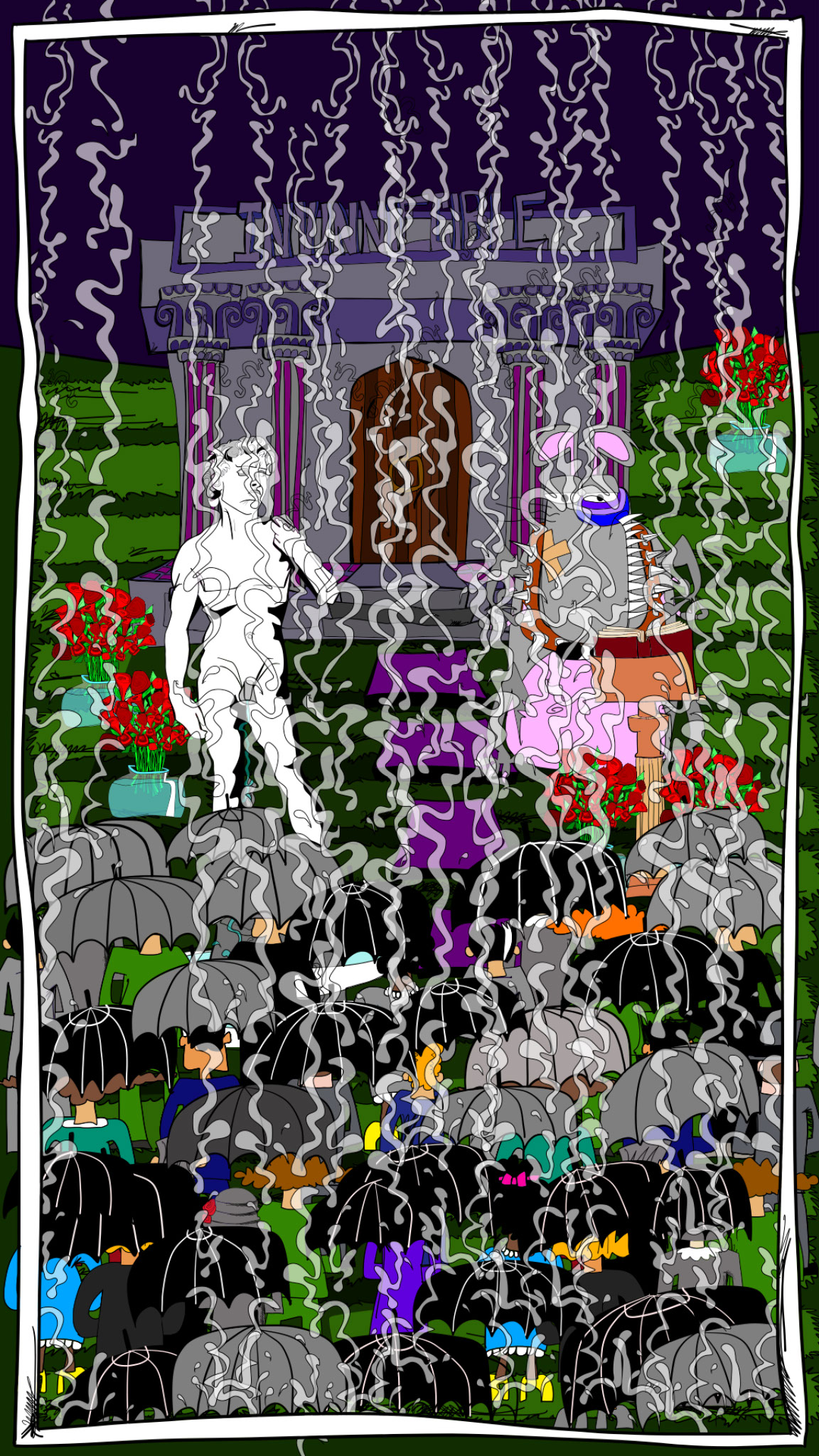 Vinnie Funeral. Mongril sermon no talking copy 1, authored Carny Island artwork
