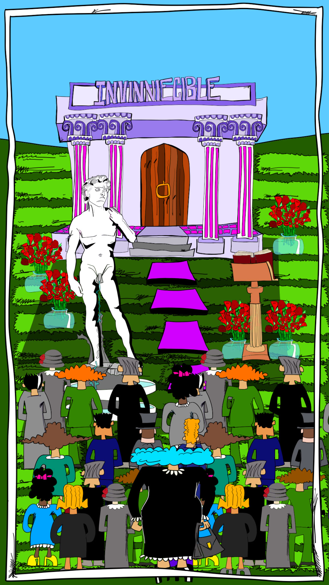 Vinnie Funeral. Wide shot exterior copy 1, authored Carny Island artwork