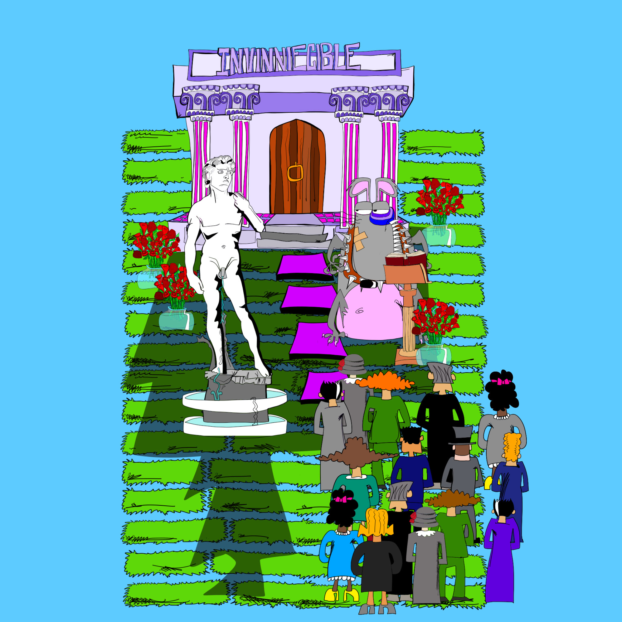 Vinnie Funeral. Wide shot exterior copy 3, authored Carny Island artwork