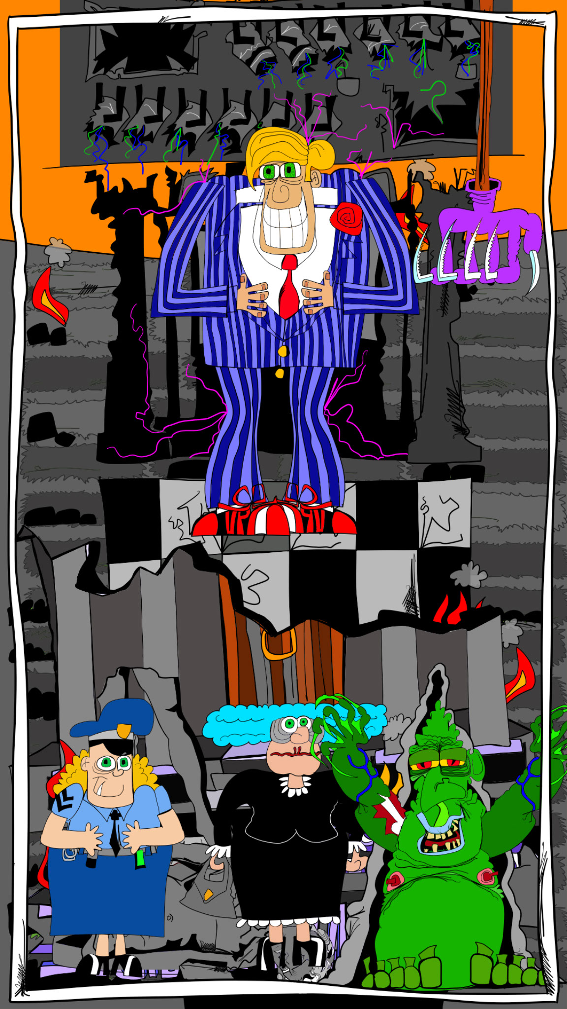 Vinnie Funeral. Wide shot exterior copy, authored Carny Island artwork