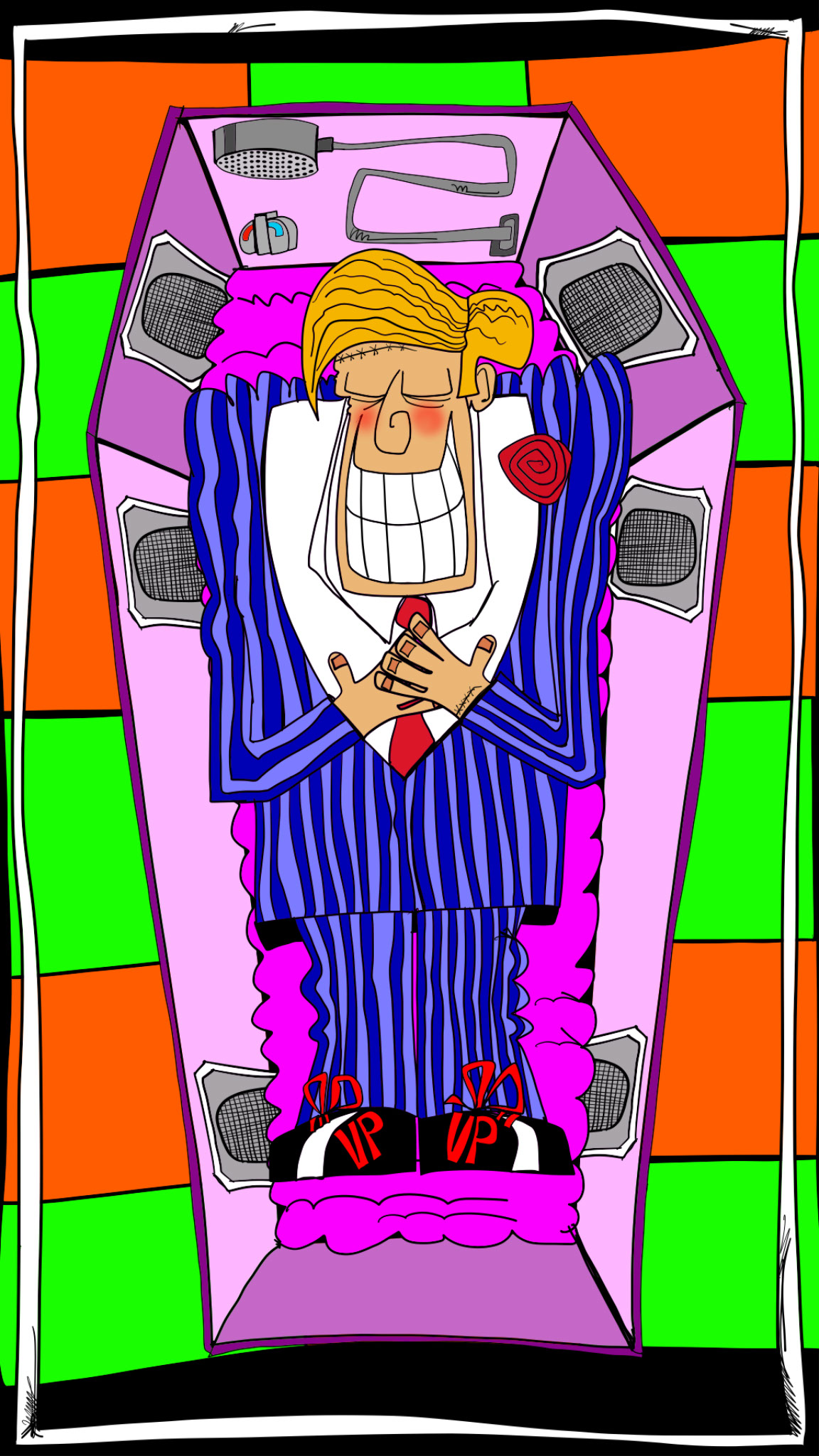 Vinnie in coffin, authored Carny Island artwork
