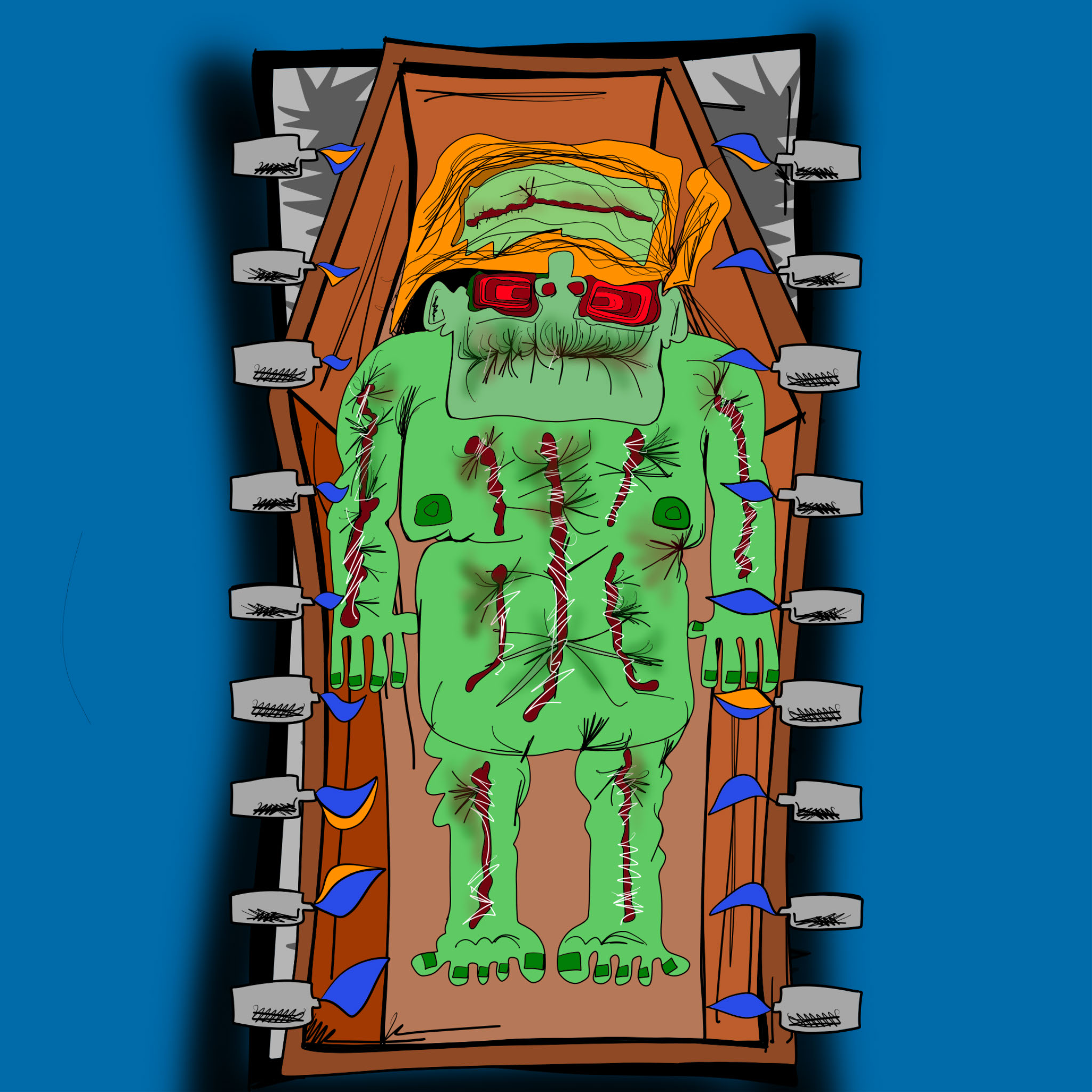 Vinnie in coffin and burnt, authored Carny Island artwork