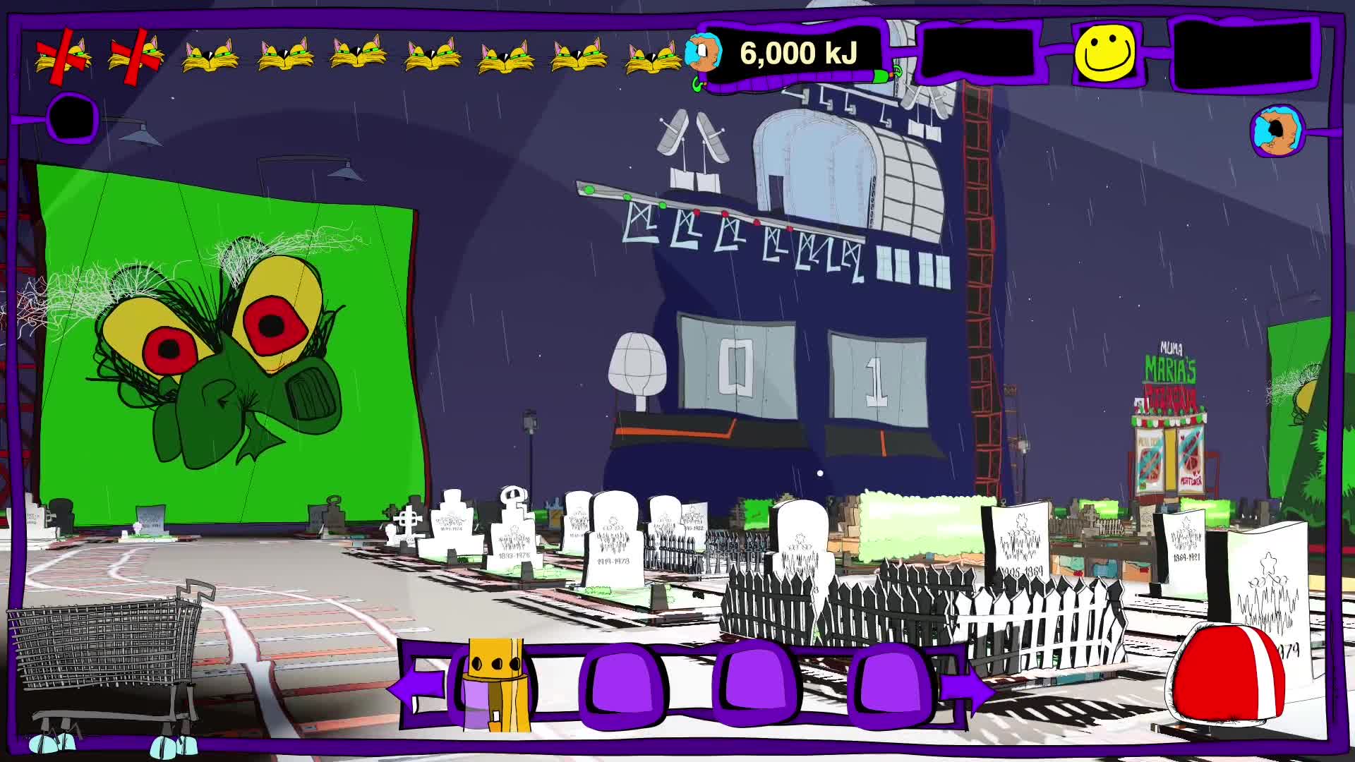 Blinking Shrift superboard and Hex base under searchlights, framed by the purple game UI.