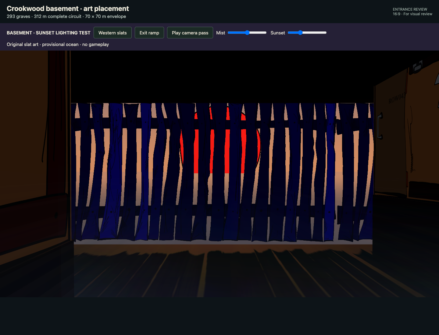 Sunset behind the purple wooden basement slats in a lighting test.