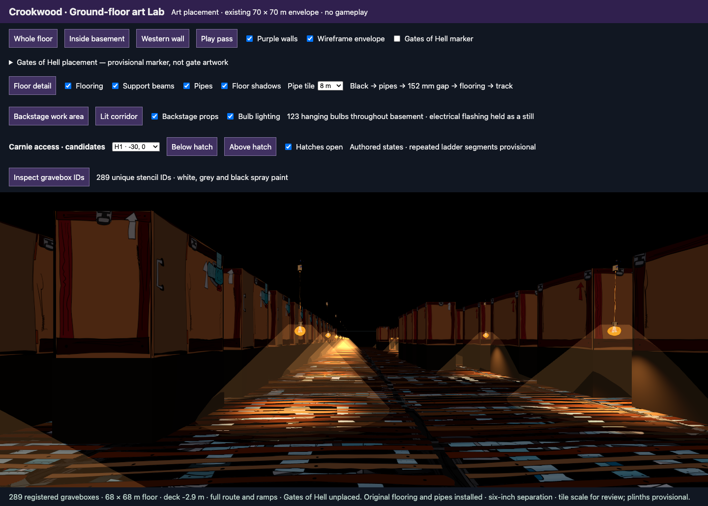 New track between Graveboxes and hanging practical lights in the basement art lab.