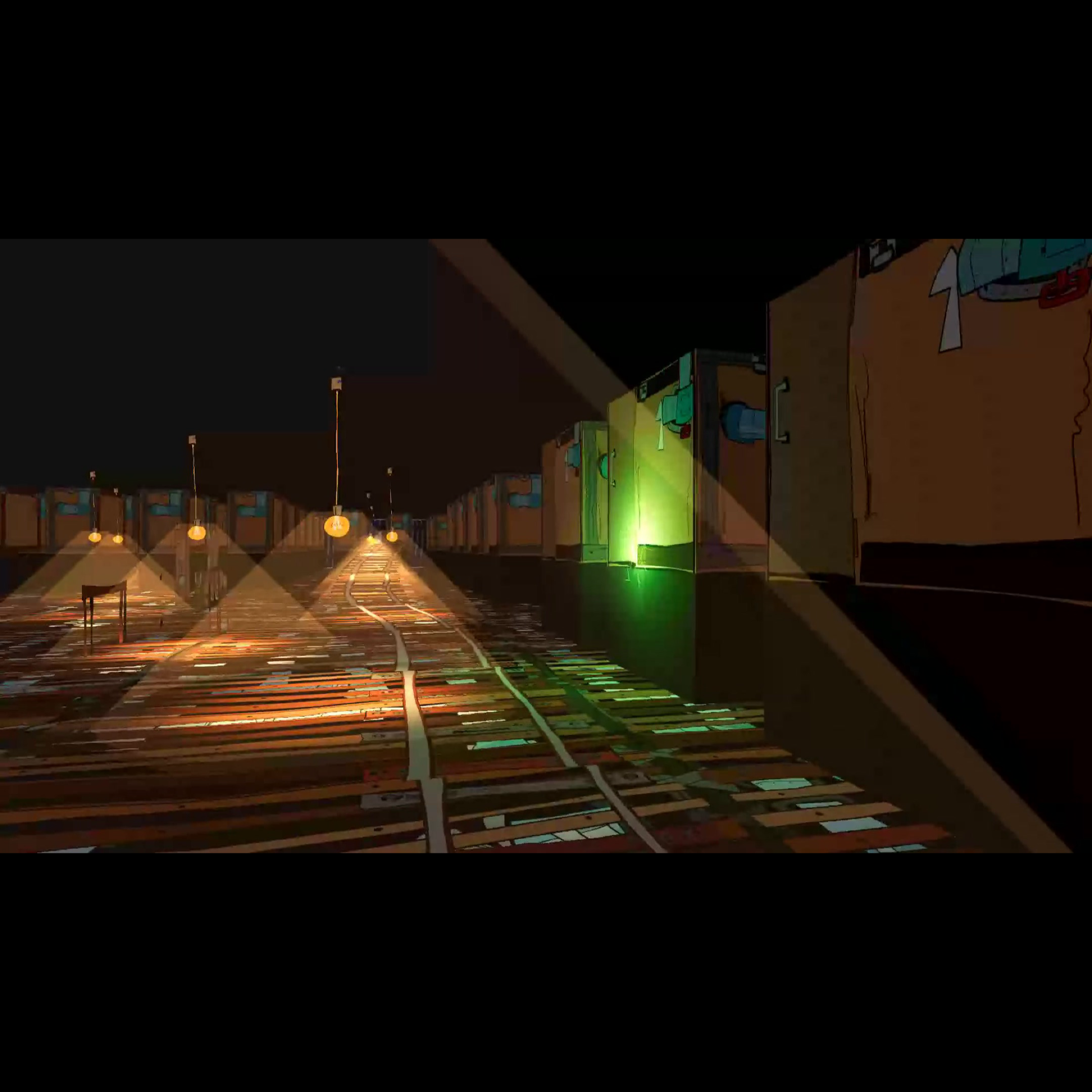 A green supernatural glow breaking from one Gravebox in the tungsten-lit Crookwood Basement.