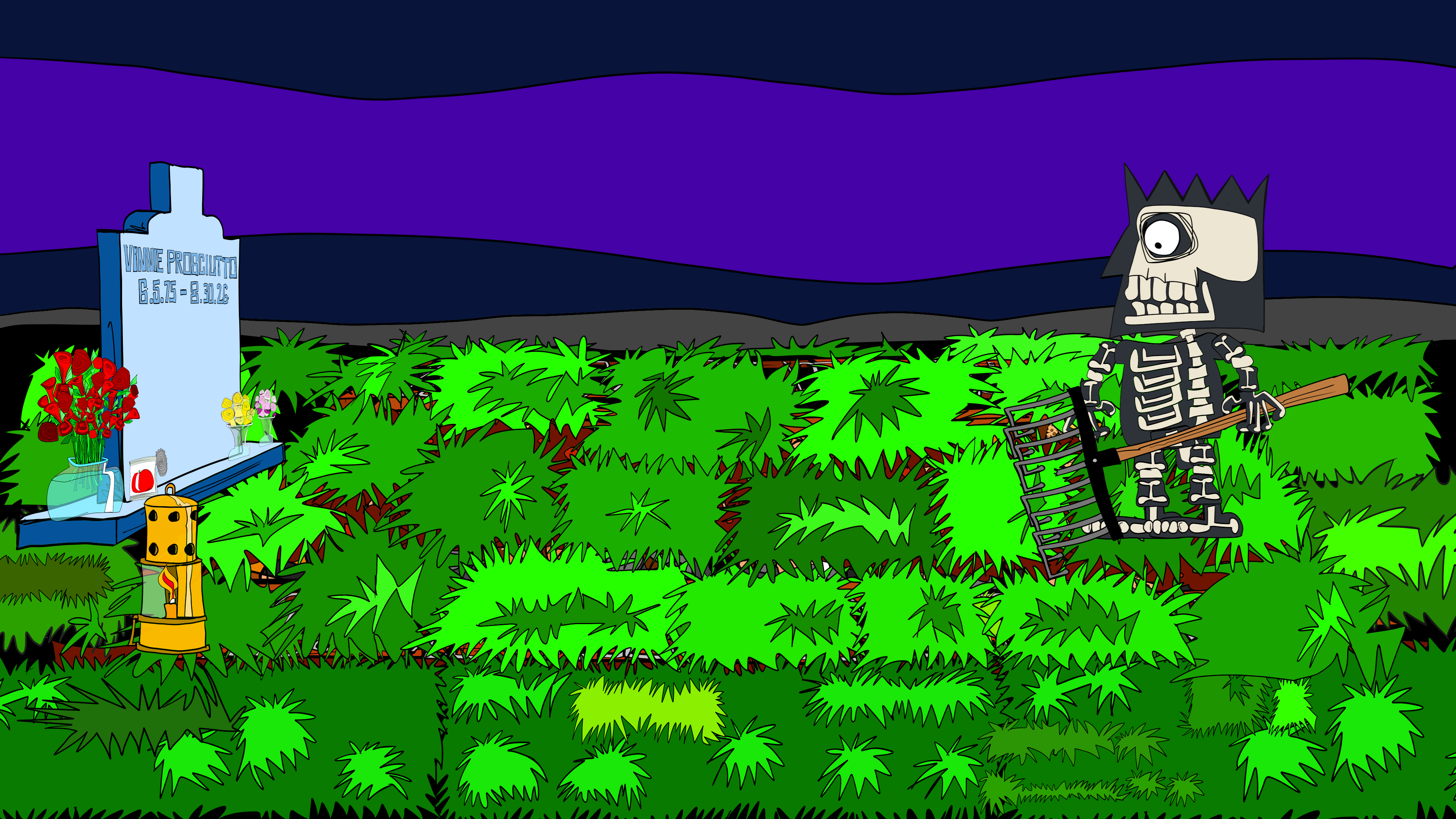Side-camera storyboard showing the Villain beside Vinnie’s grass-covered grave.