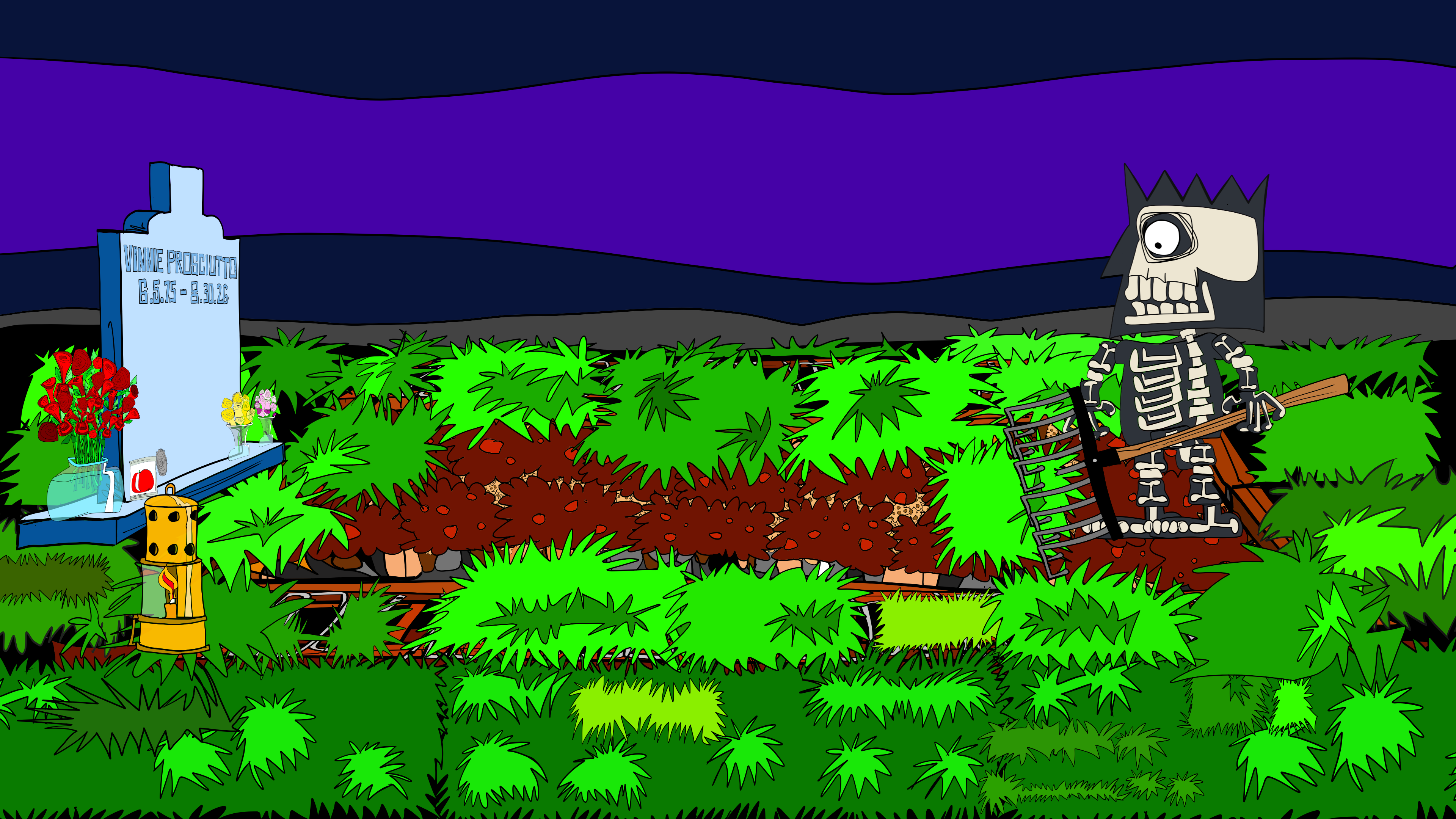 Side-camera storyboard showing the first exposed layer across Vinnie’s grave.