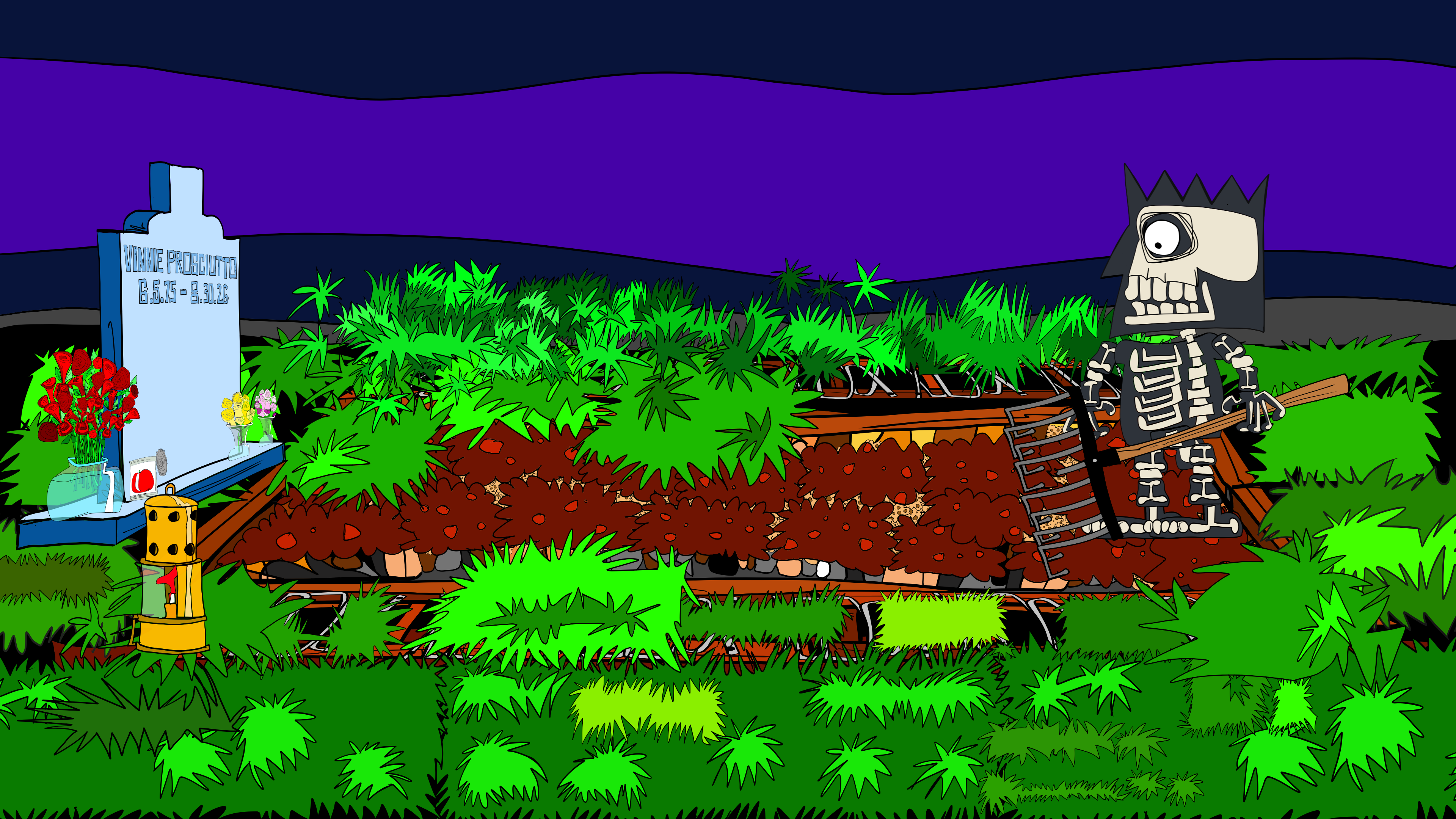 Side-camera storyboard showing more of the grave opened and substrate accumulating.