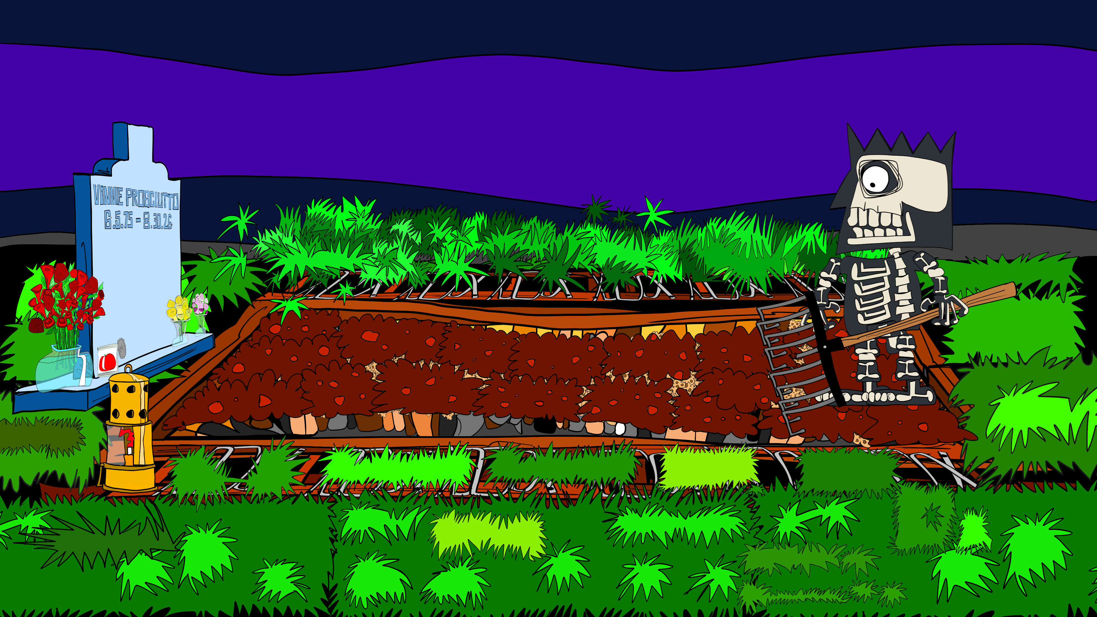 Side-camera storyboard showing the opened grave and piled substrate.