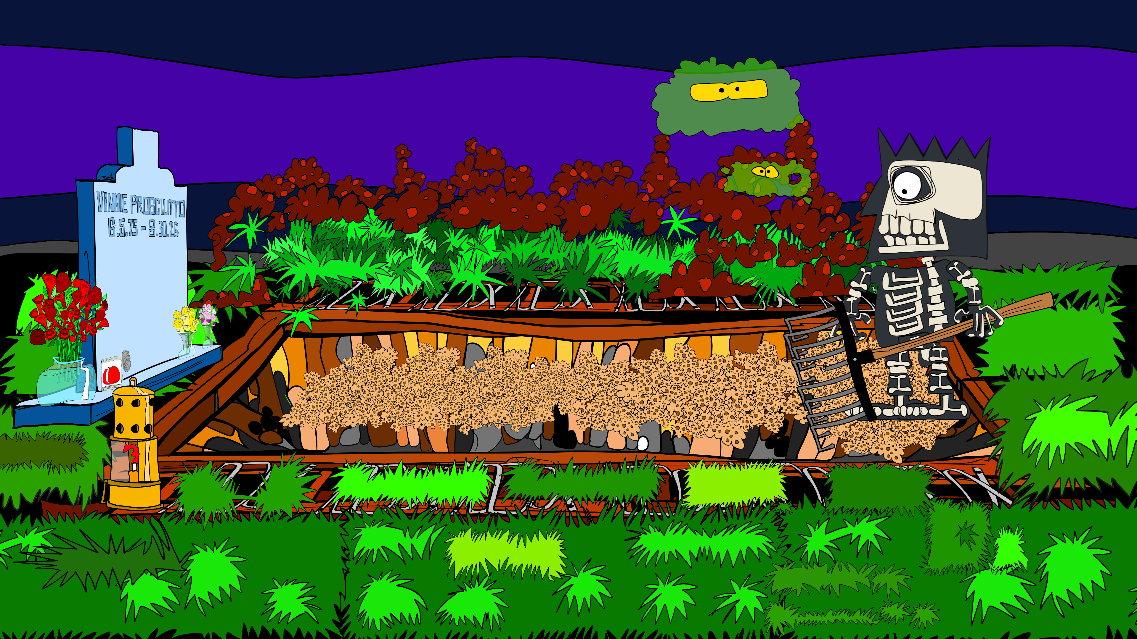 Side-camera storyboard showing sandy substrate and small green ghosts above the grave.