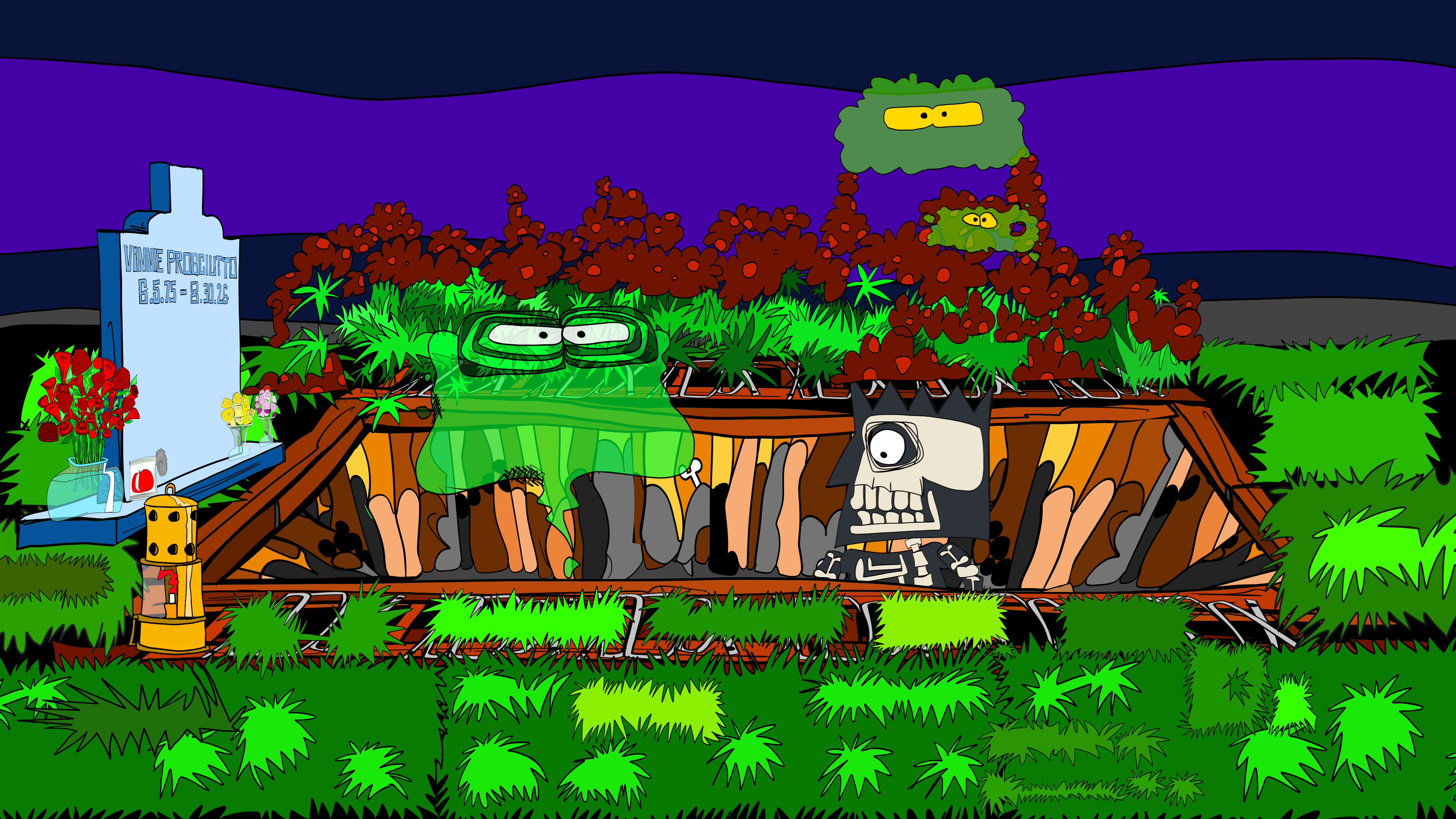 Side-camera storyboard showing the Villain inside the grave as Vinnie appears with green ghosts.