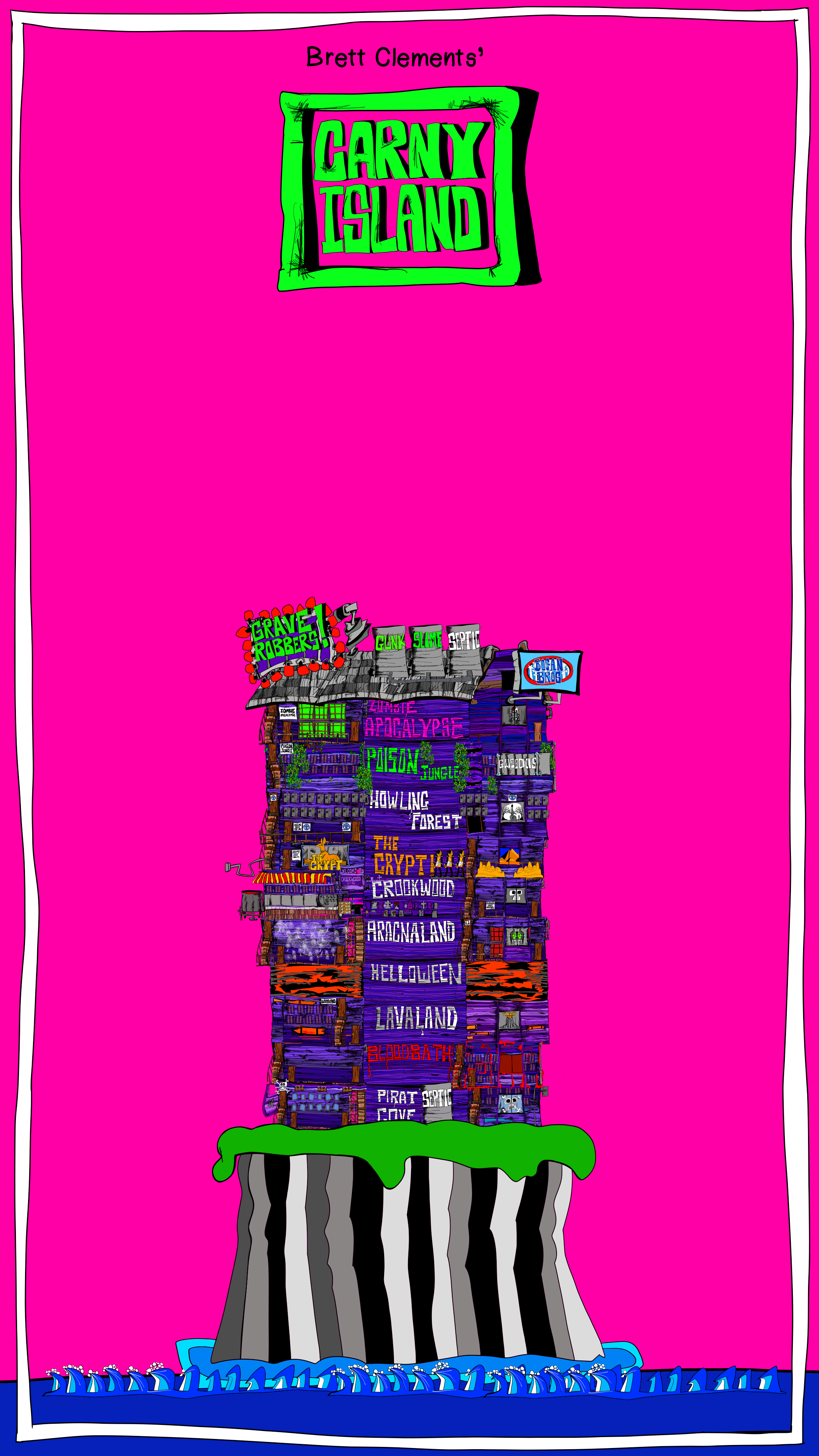 Brett Clements’ hand-drawn Carny Island opening artwork, with a pink sky, Carny Island logo and the Graverobber’s house on its striped island.
