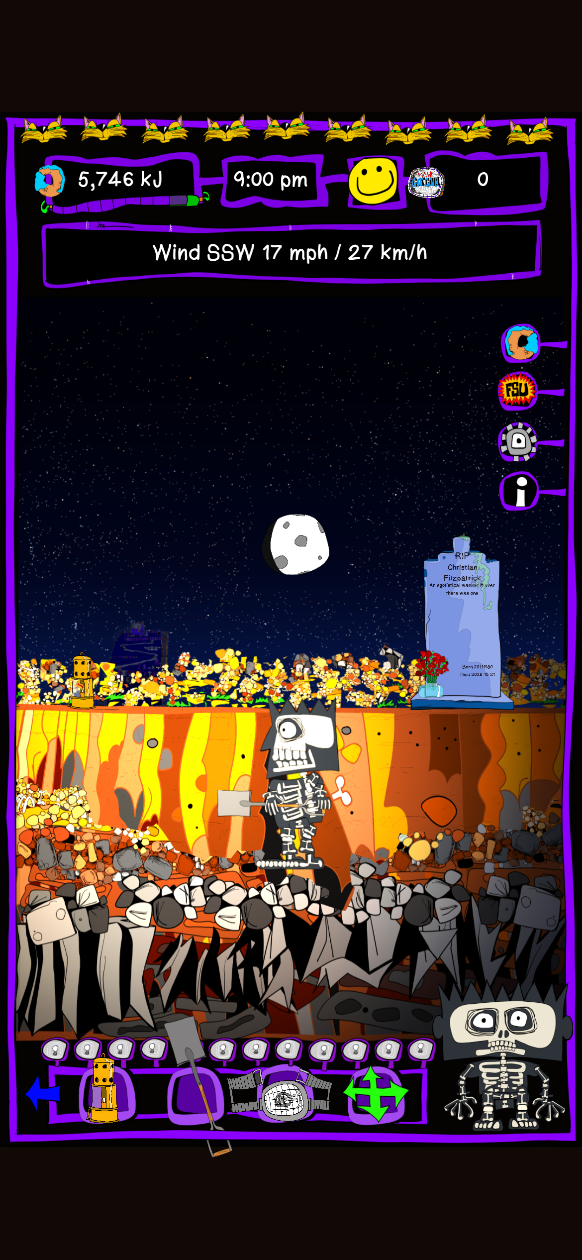 Halloween Grave Dig in development: Scritch is halfway down the grave with his shovel. Irregular cleared earth reveals the illustrated gravebox wall behind him. The lantern remains on the surface beside the excavated dirt, under the stars and moon. A headstone is on the right; purple frames surround the weather display and tools.