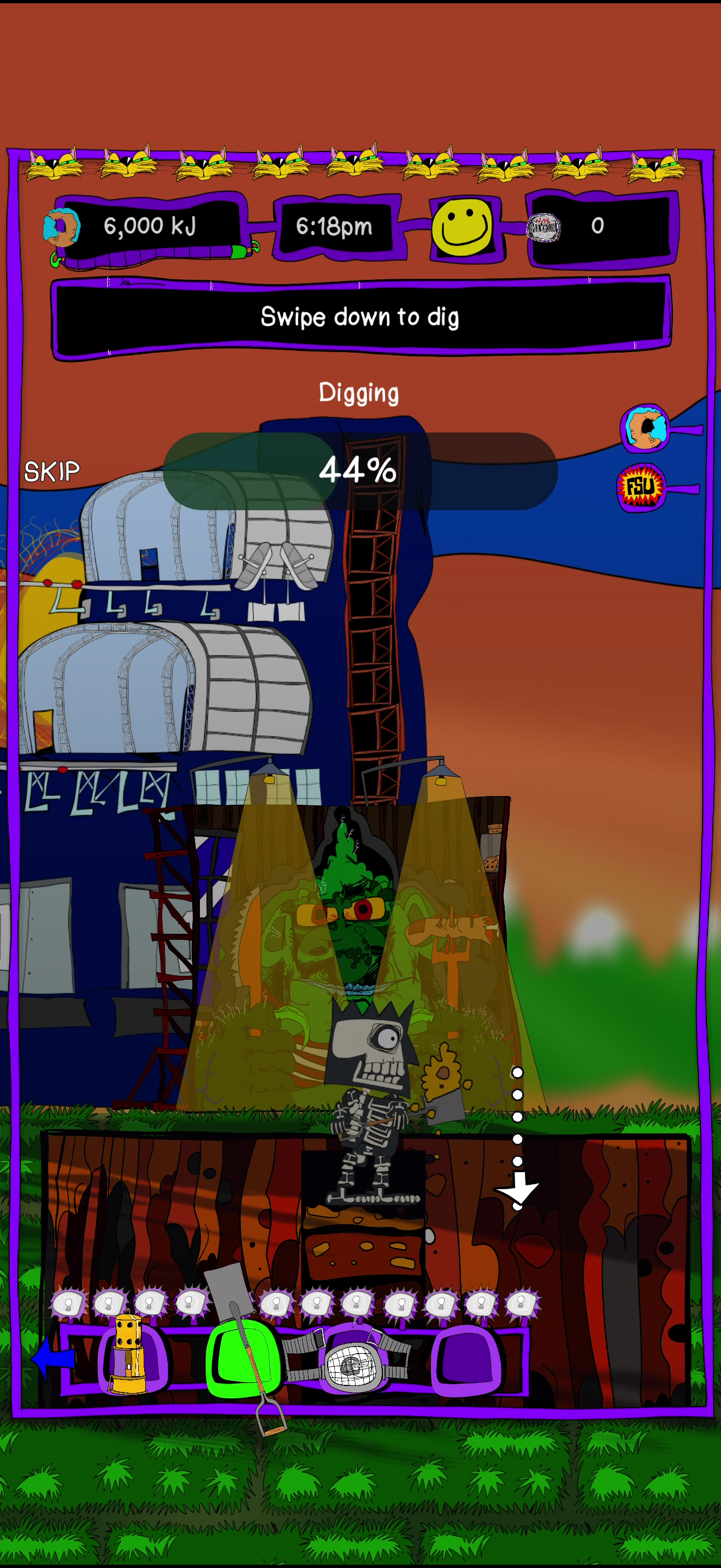 The digging lesson keeps the shovel, the swipe instruction and Shrift in the same portrait game frame.