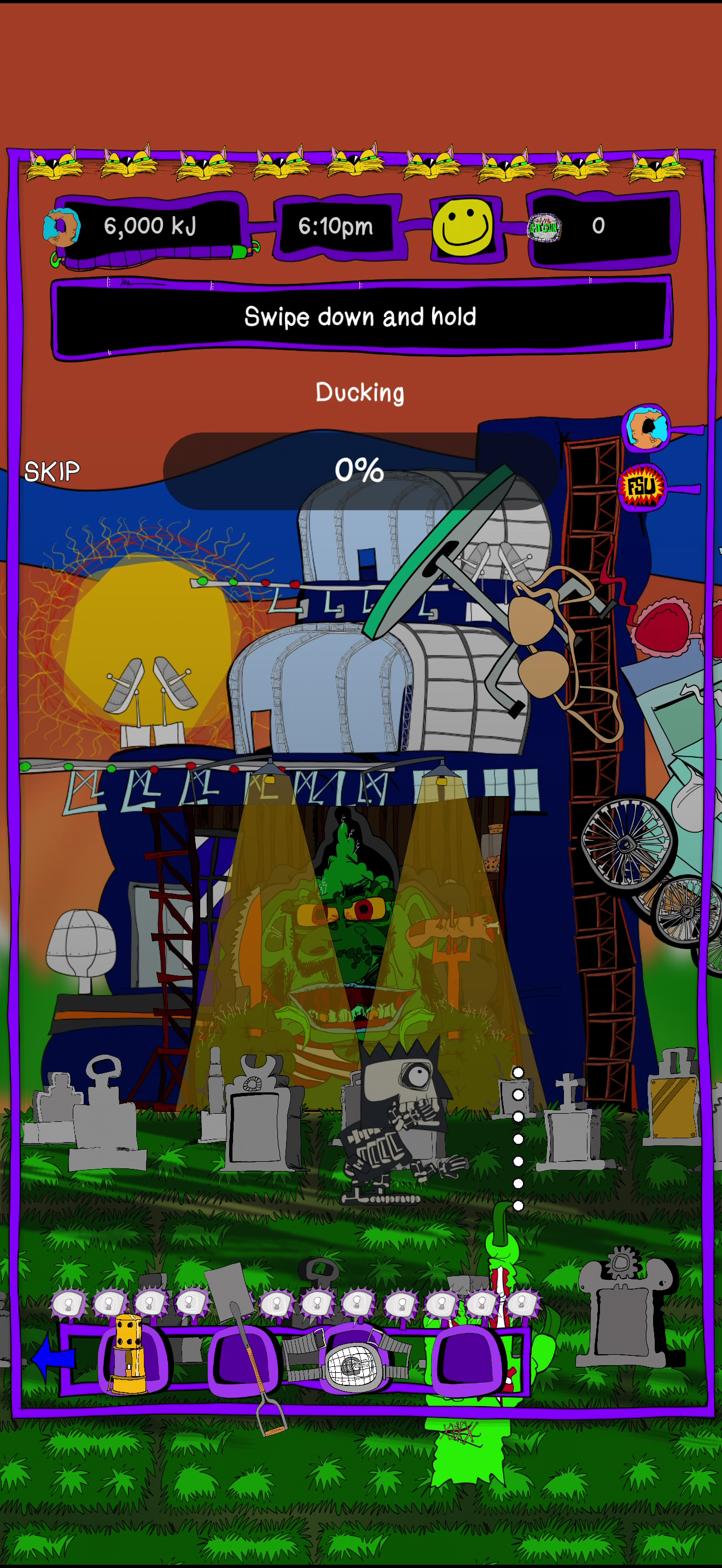 The ducking lesson: Shrift performs while the player learns to stay below the flying furniture.
