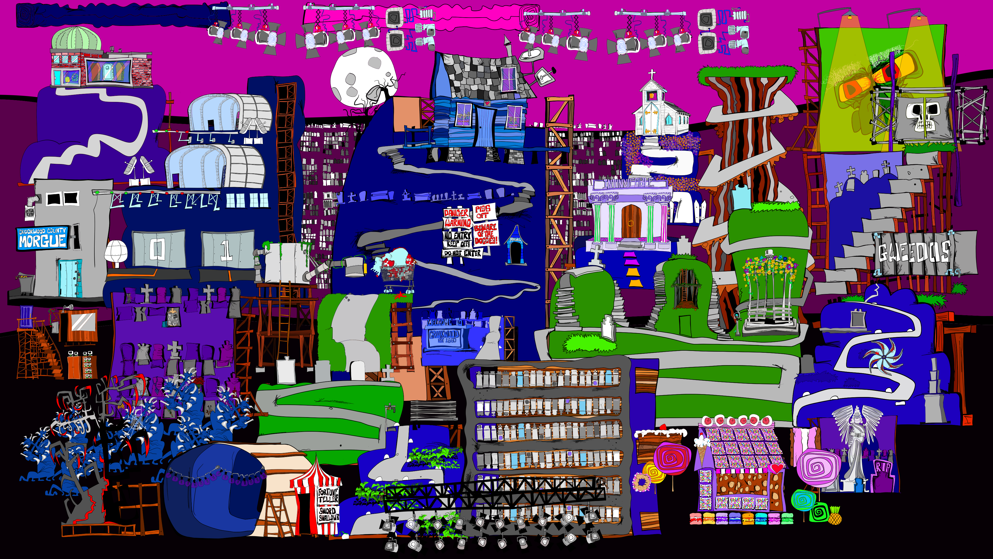 Hand-drawn panoramic view of the Crookwood film-set world, with buildings, graveyards, scaffolding, lights and painted flats.