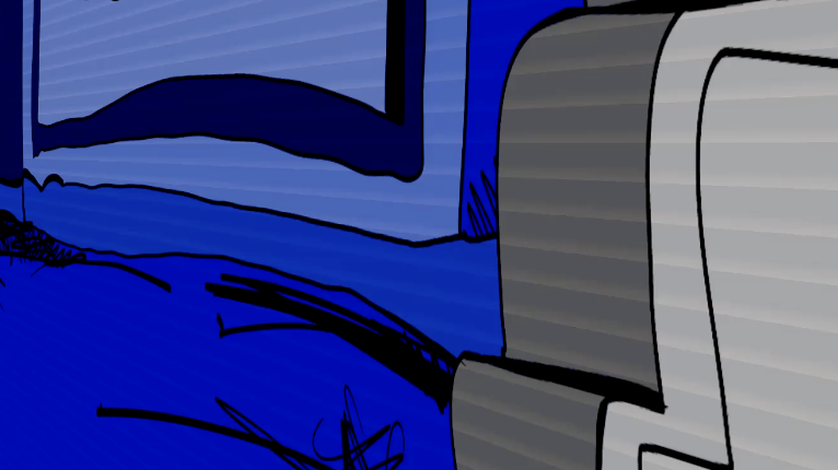 Horizontal bands are visible across the grey headstone and blue flat. Shadow-map self-shadowing is the leading hypothesis; the image alone does not establish the cause.