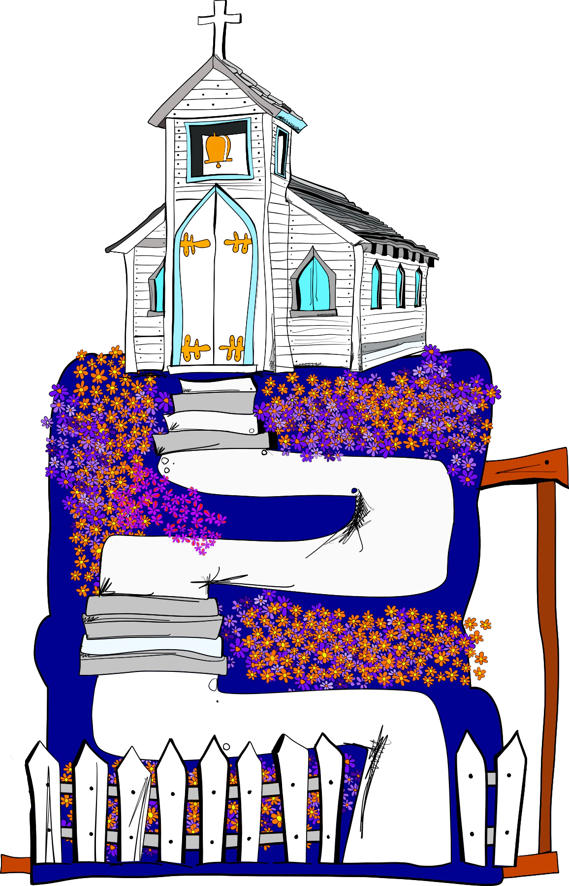 Brett Clements' authored vector drawing of the Crookwood Chapel above a winding white path and orange and purple flowers.