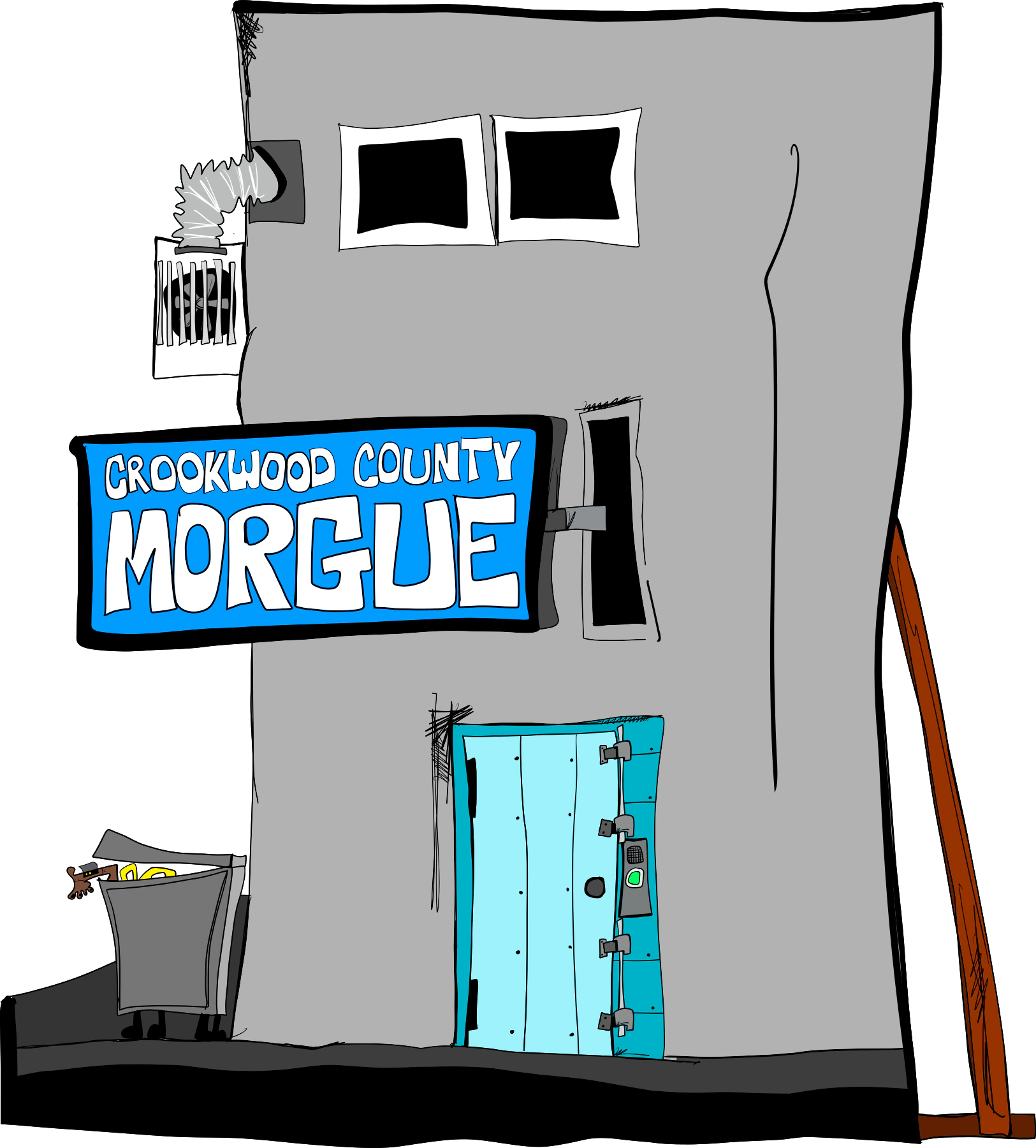 Brett Clements' authored vector drawing of the crooked grey Crookwood County Morgue with its blue sign and freezer door.