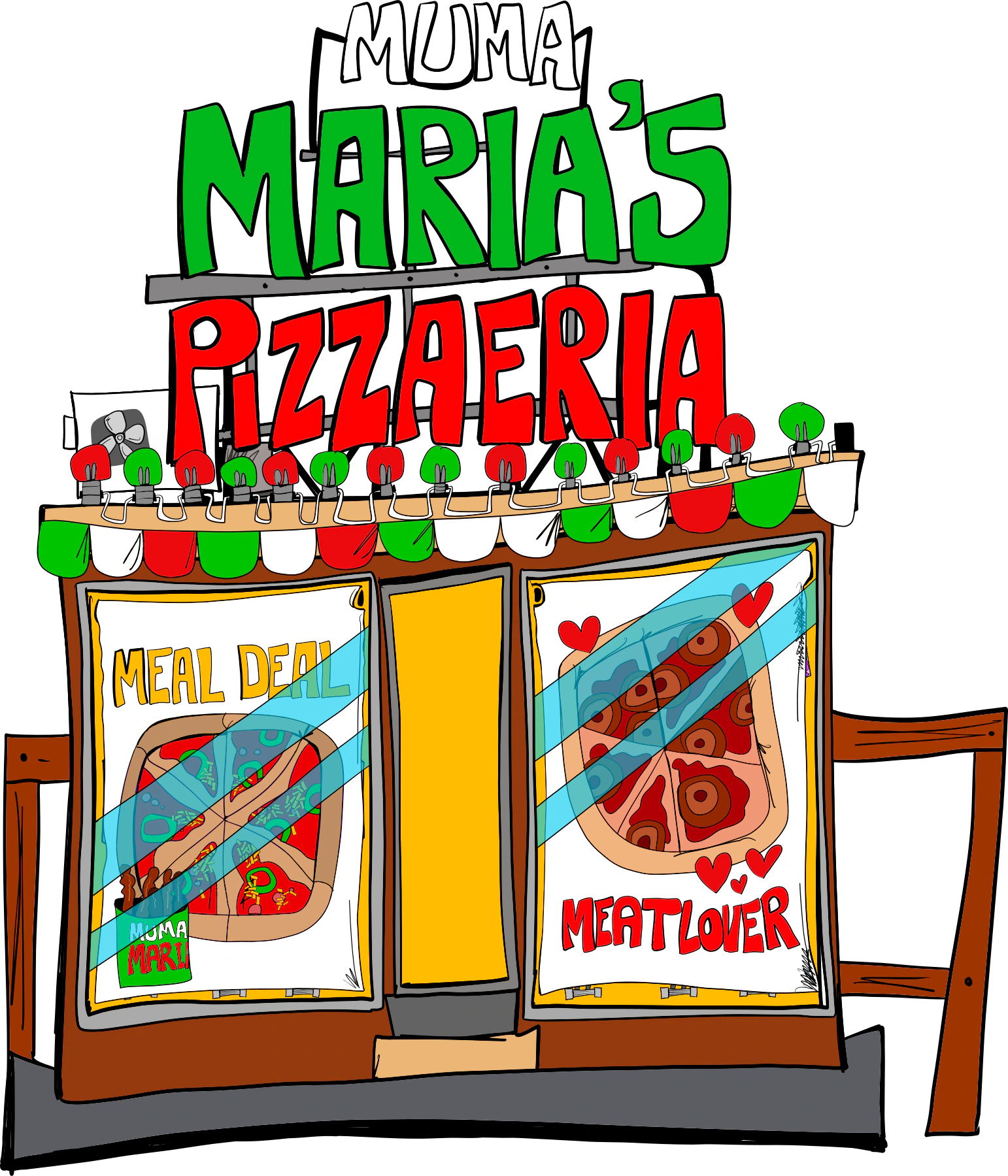Brett Clements' authored vector drawing of Muma Maria's Pizzeria with red and green lettering, a meal deal and a meat lovers window poster.